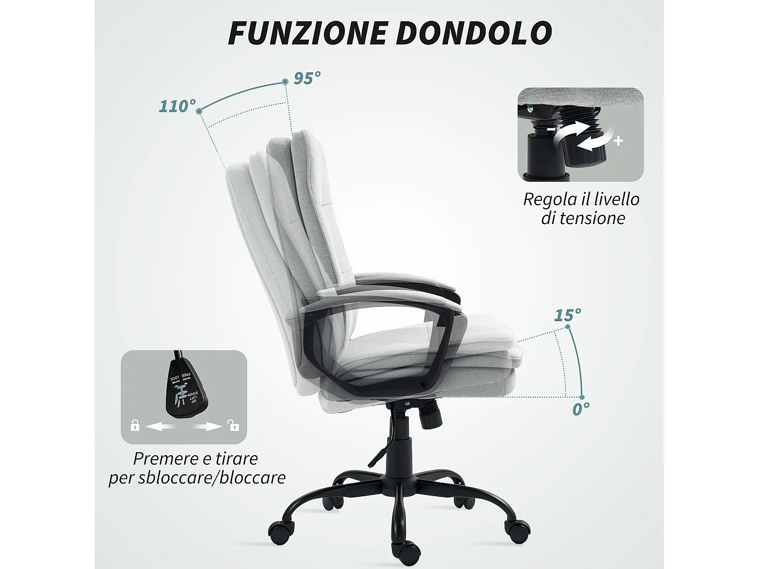 Sedia da ufficio con altezza regolabile e dondolo grigio