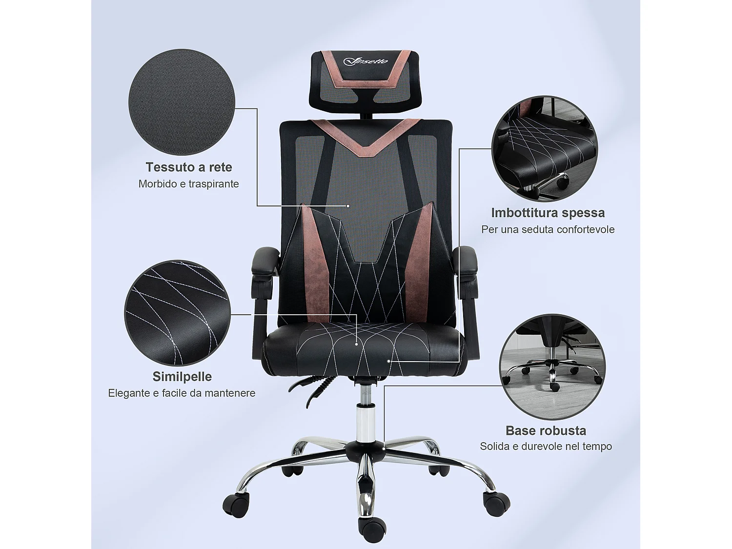 Sedia da ufficio inclinabile con supporto cervicale e lombare