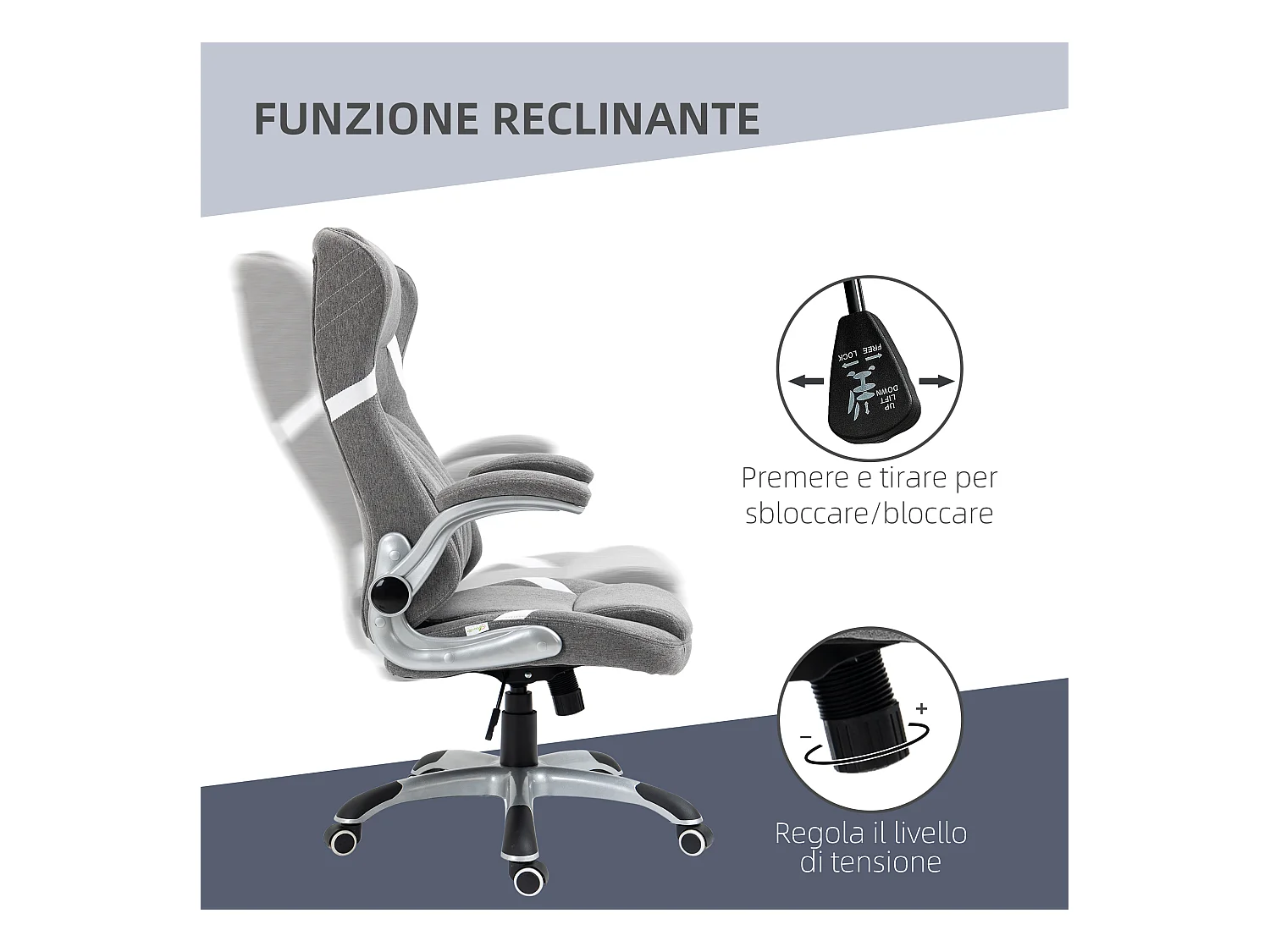 Sedia da ufficio reclinabile con ruote e altezza regolabile grigio