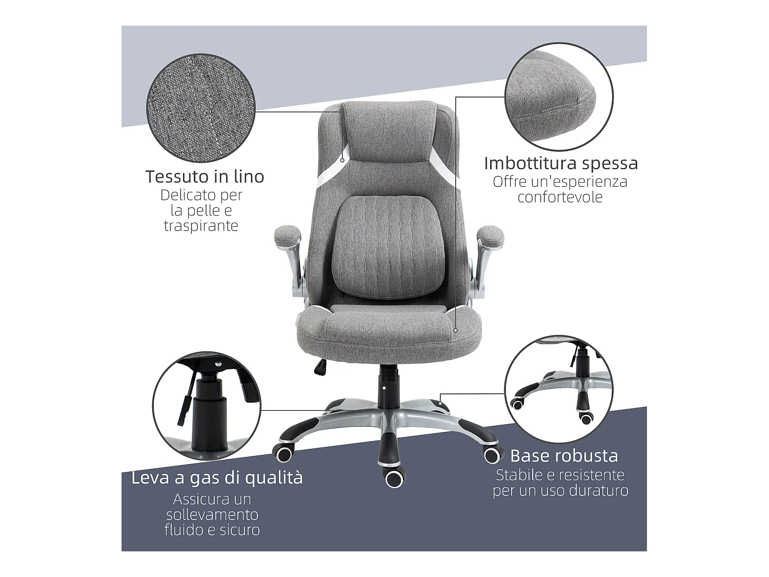 Sedia da ufficio reclinabile con ruote e altezza regolabile grigio