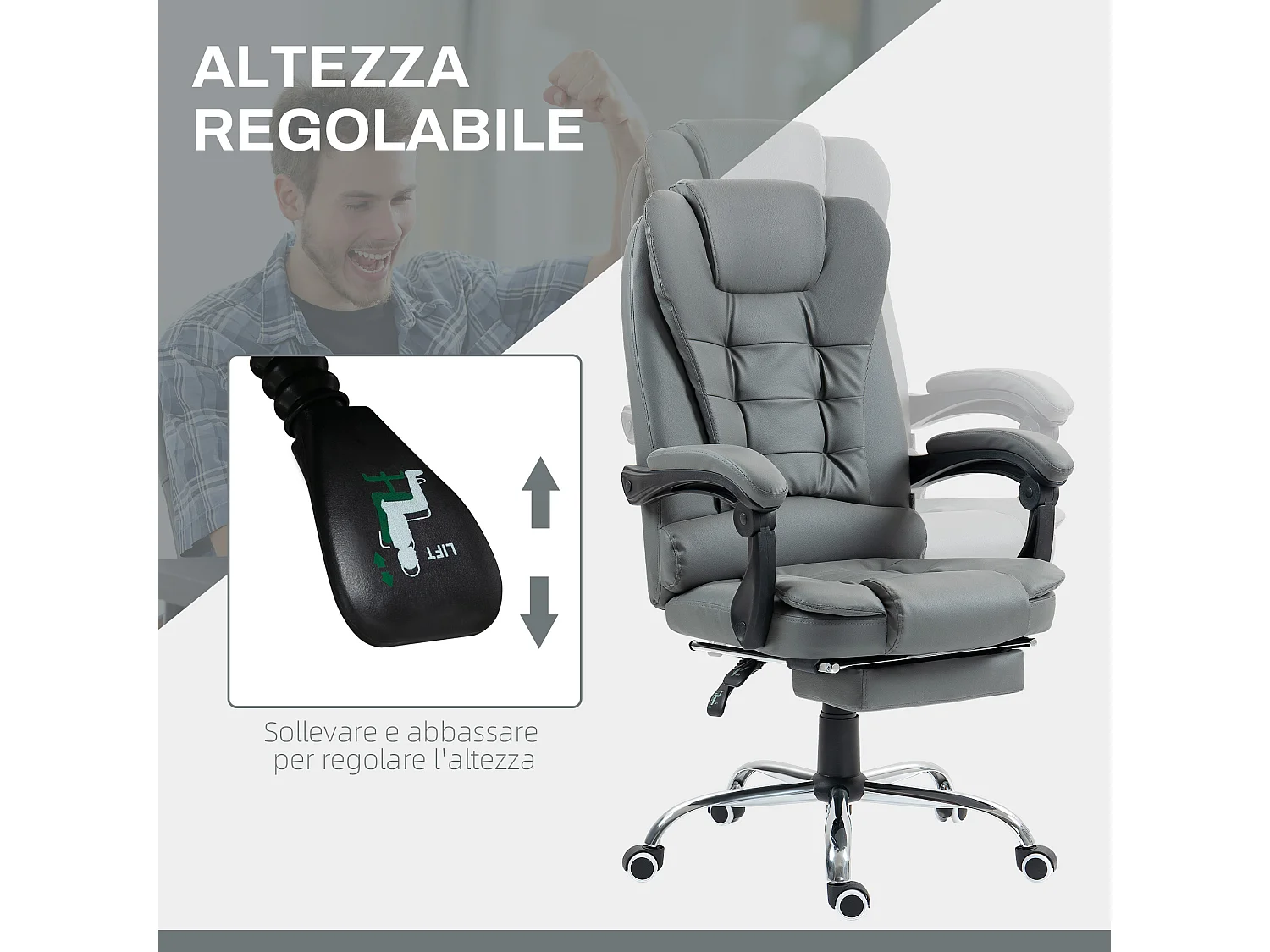 Sedia da ufficio ergonomica e reclinabile con poggiapiedi grigio