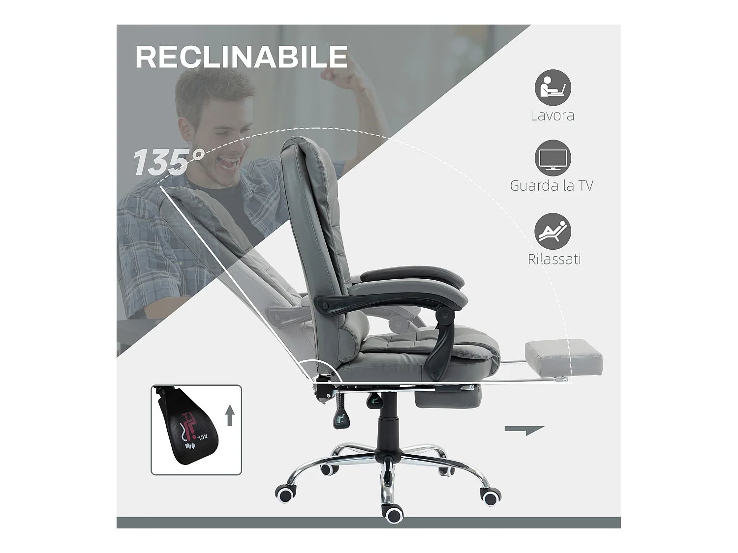 Sedia da ufficio ergonomica e reclinabile con poggiapiedi grigio