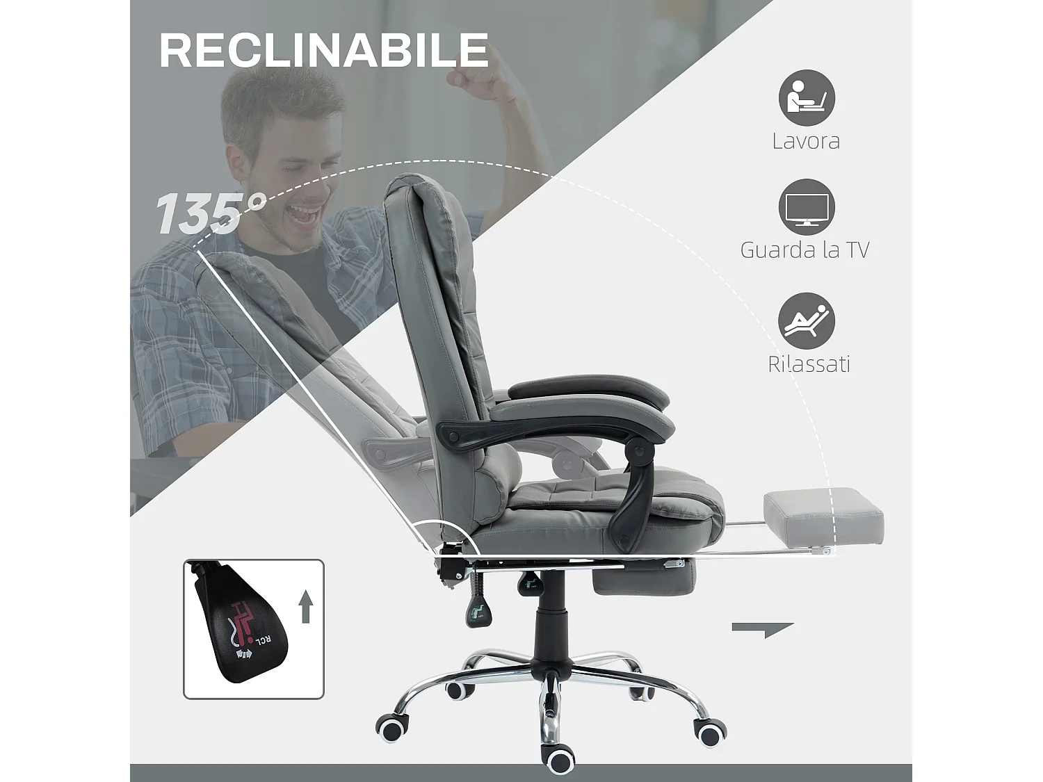 Sedia da ufficio ergonomica e reclinabile con poggiapiedi grigio