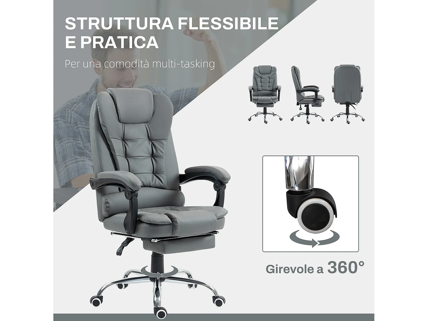Sedia da ufficio ergonomica e reclinabile con poggiapiedi grigio