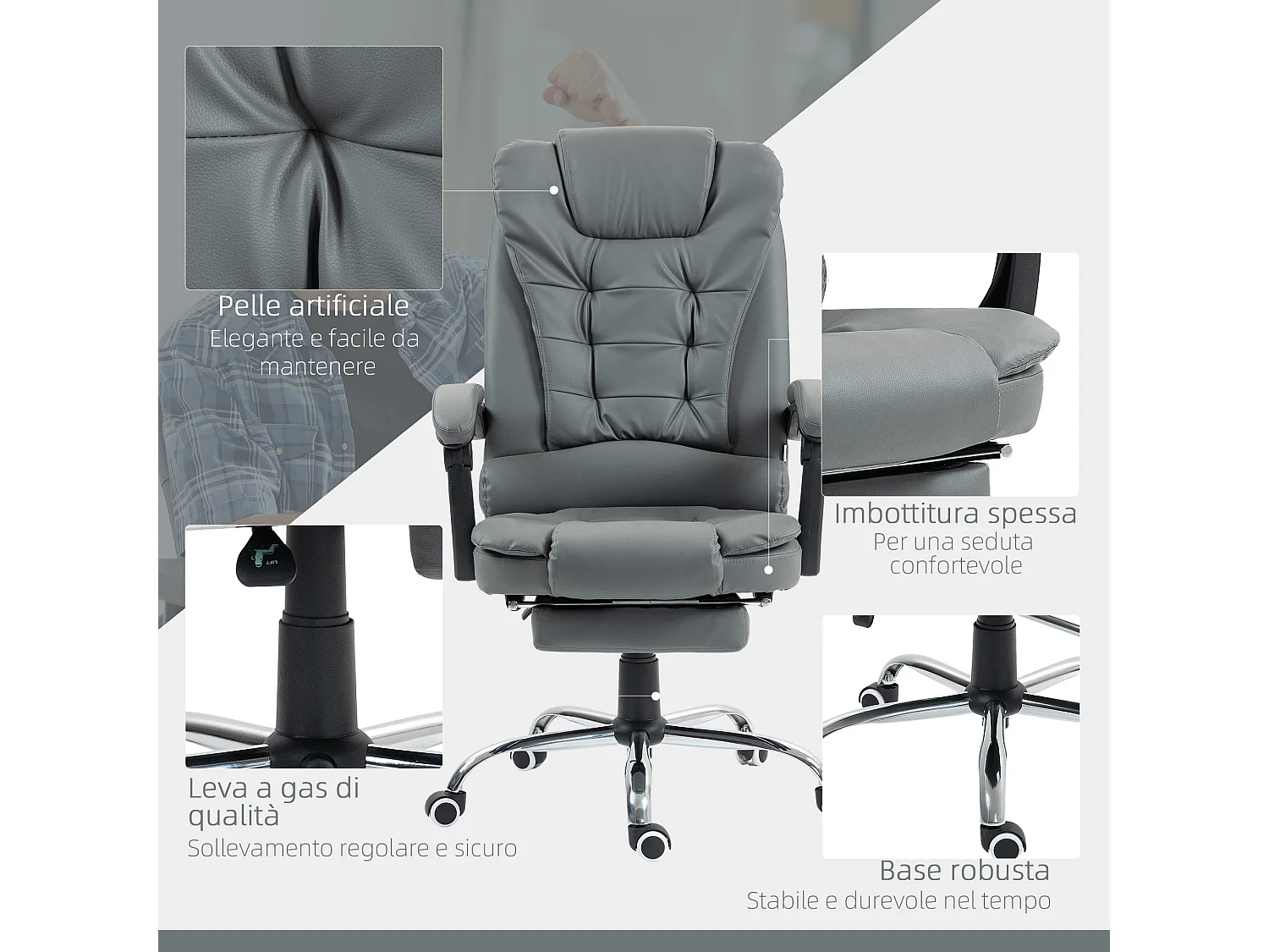 Sedia da ufficio ergonomica e reclinabile con poggiapiedi grigio