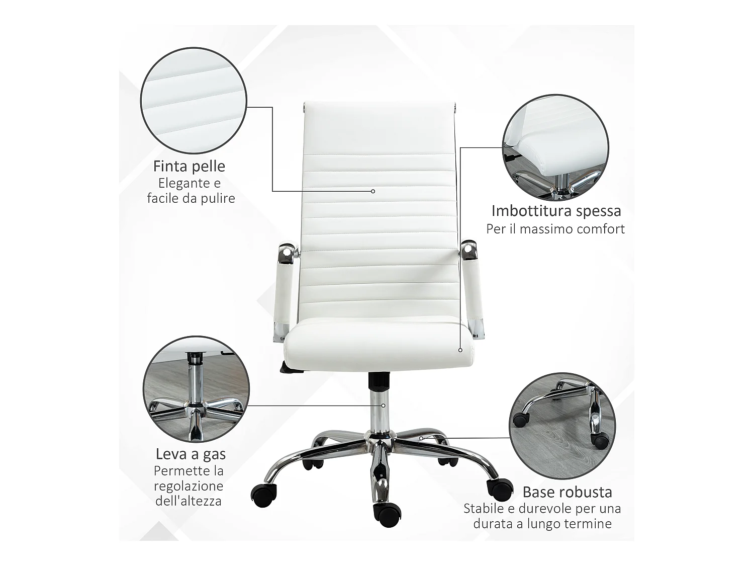 Sedia da ufficio ergonomica e girevole in finta pelle bianco