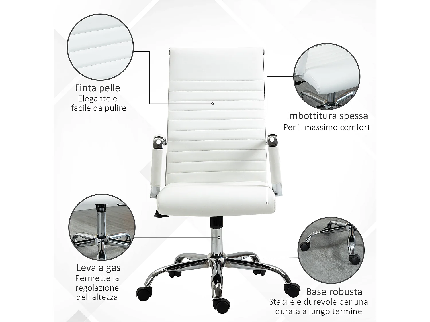 Sedia da ufficio ergonomica e girevole in finta pelle bianco