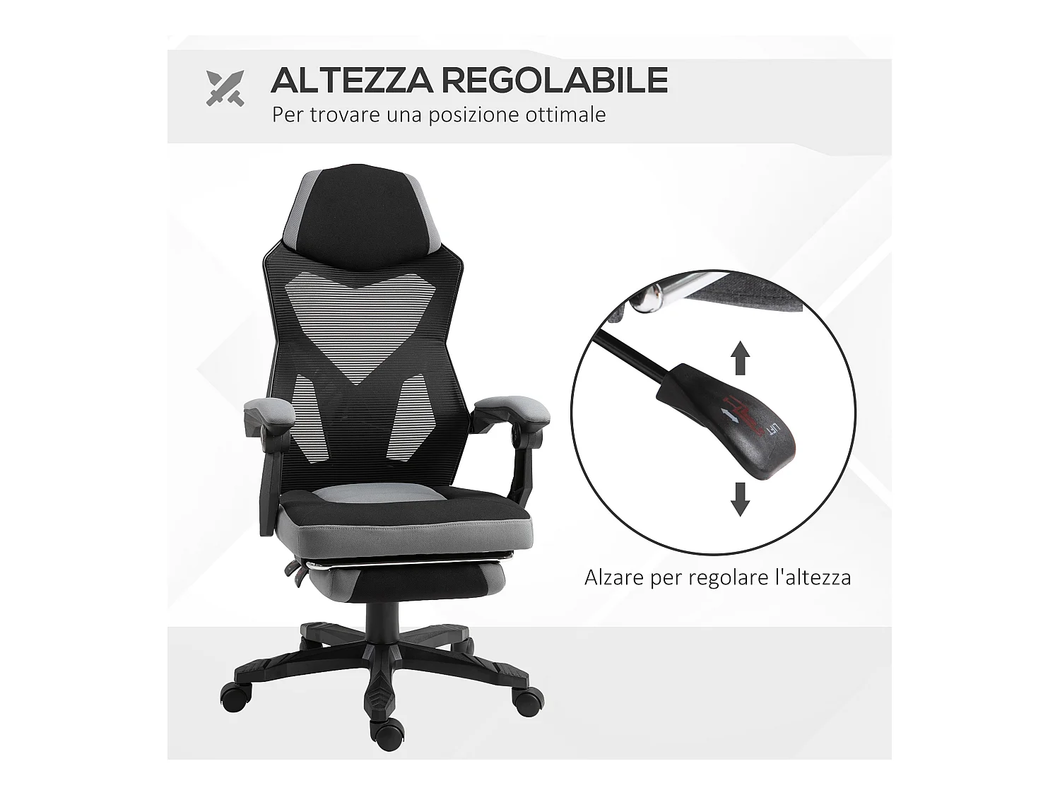 Sedia da ufficio reclinabile con poggiapiedi retrattile grigio