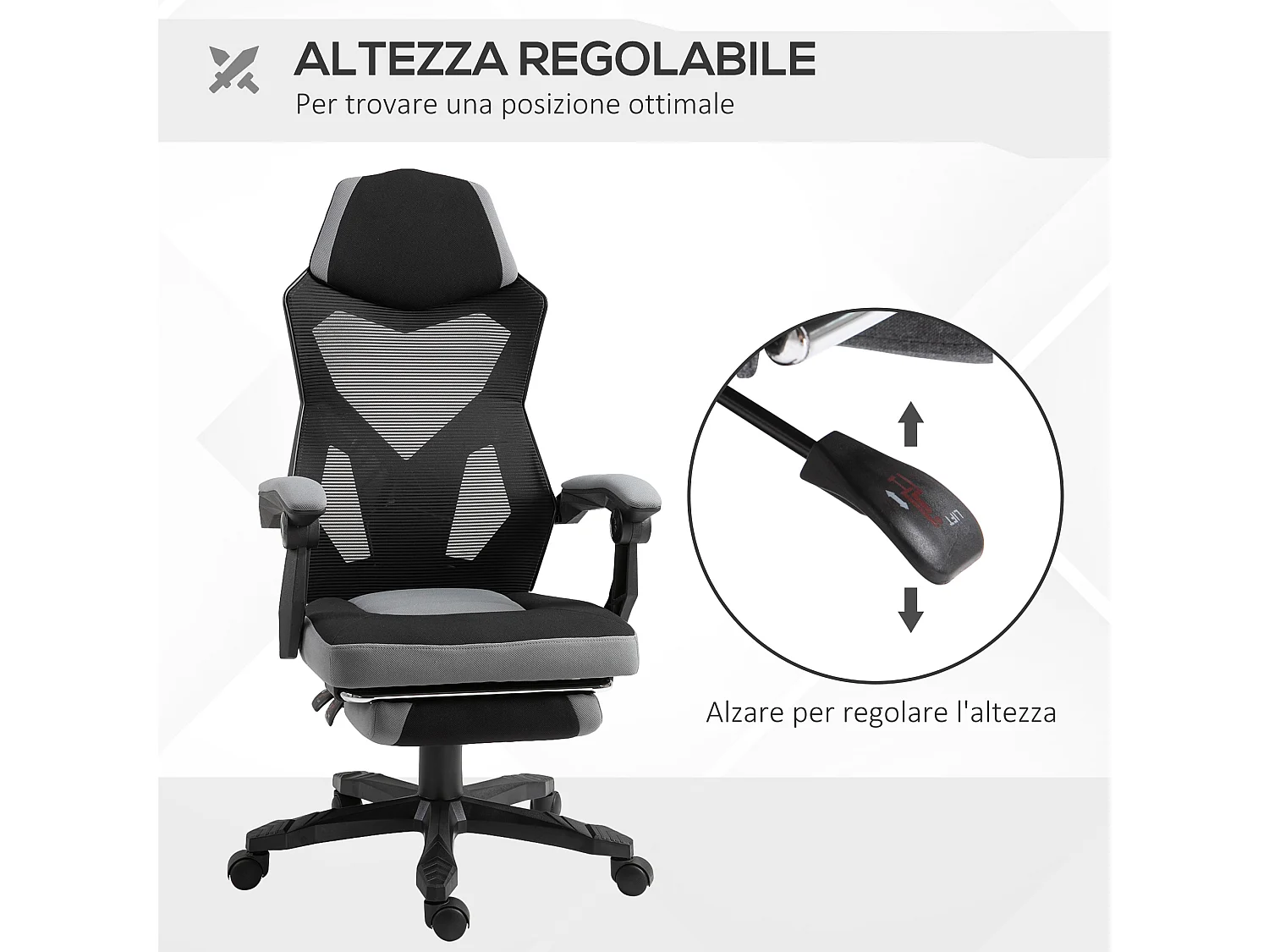 Sedia da ufficio reclinabile con poggiapiedi retrattile grigio