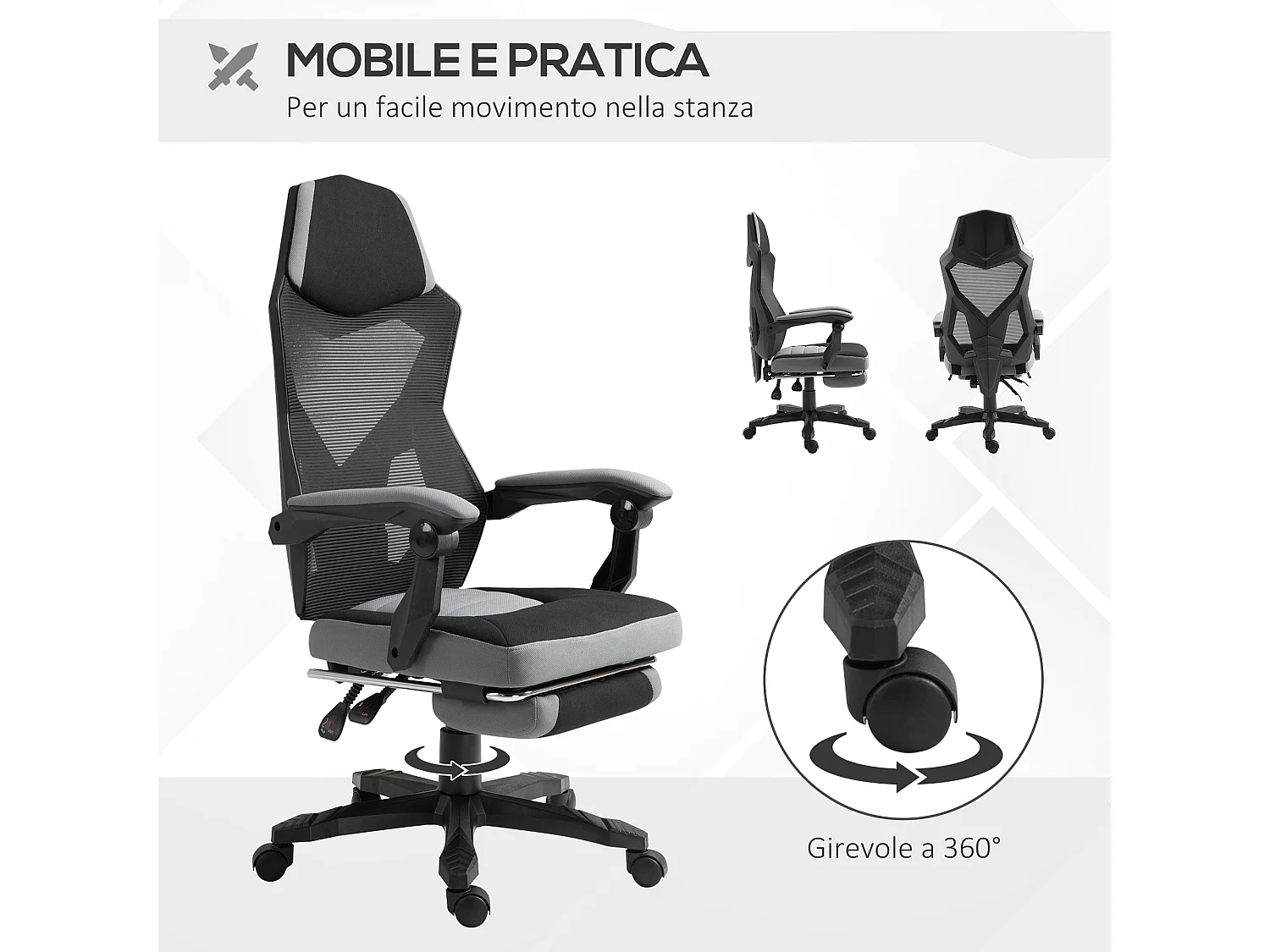 Sedia da ufficio reclinabile con poggiapiedi retrattile grigio