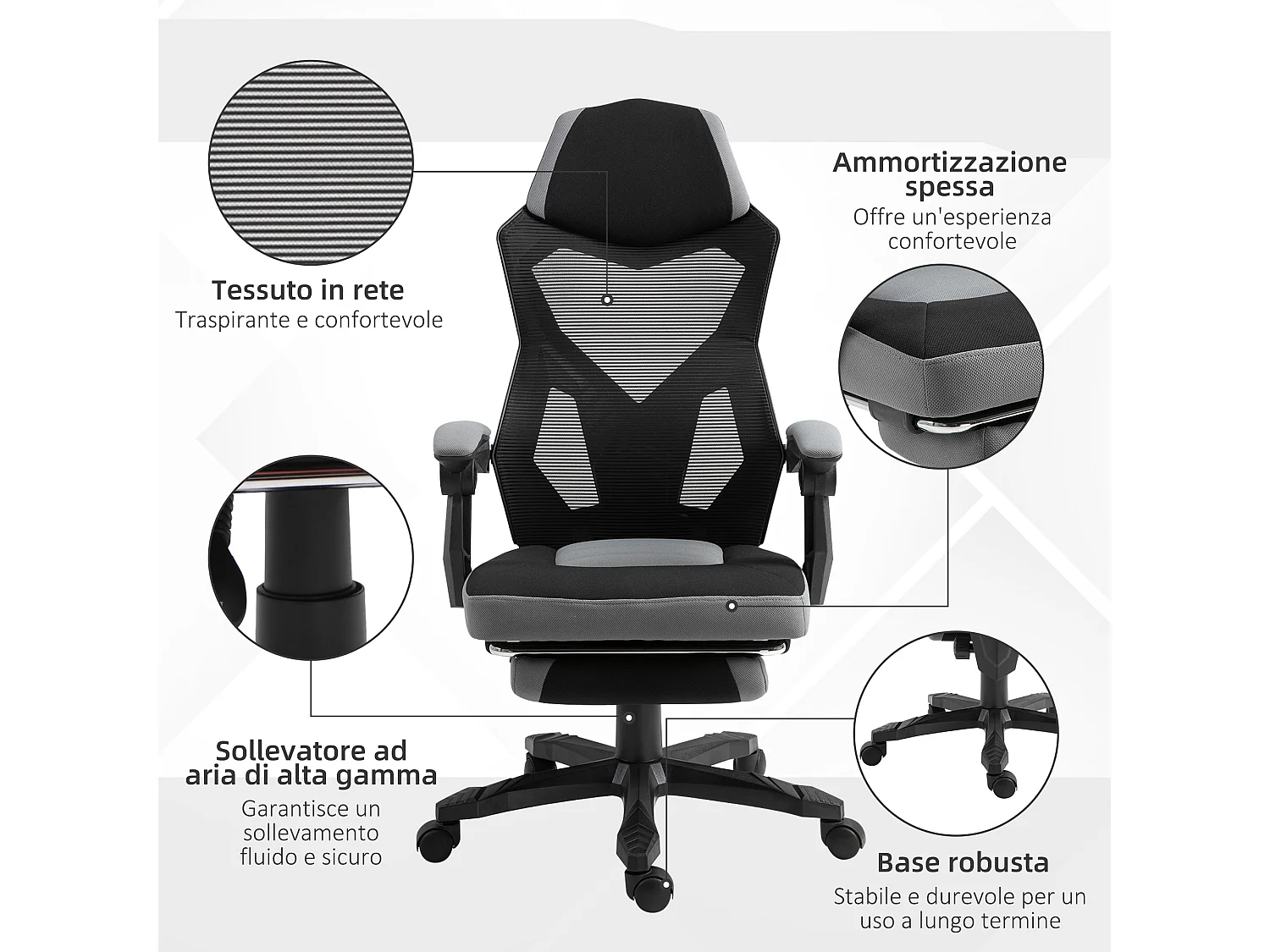 Sedia da ufficio reclinabile con poggiapiedi retrattile grigio