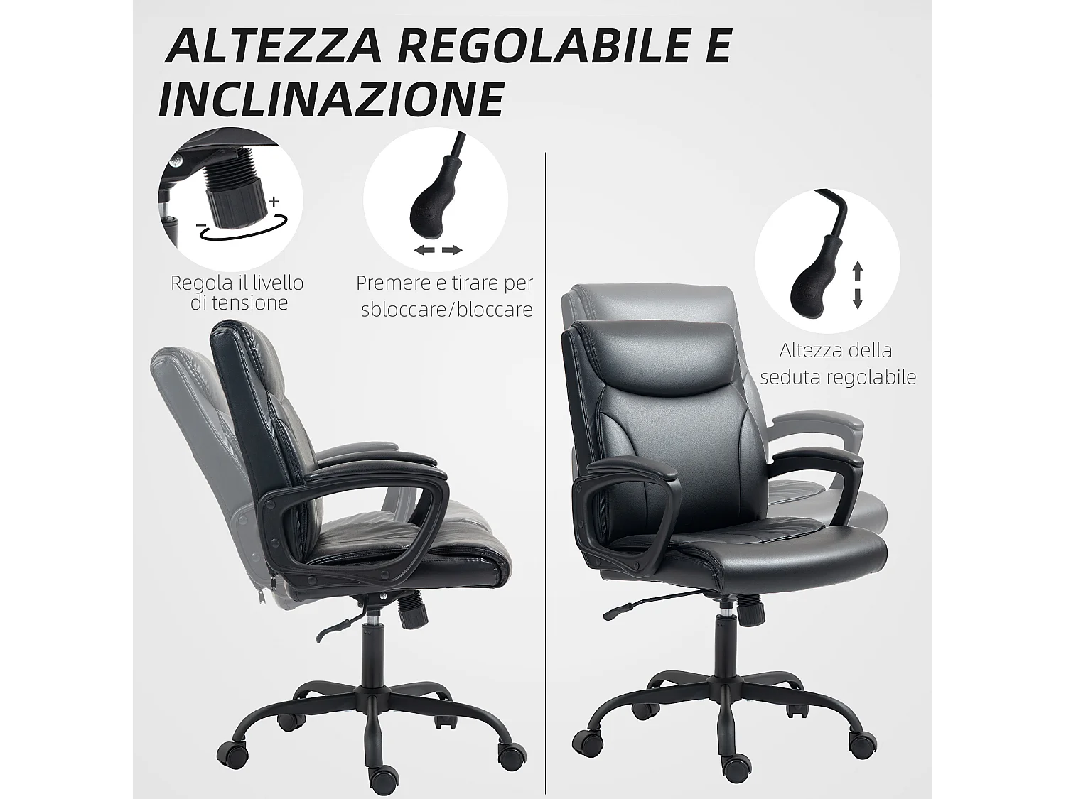 Sedia da ufficio reclinabile e regolabile in finta pelle acciaio nera