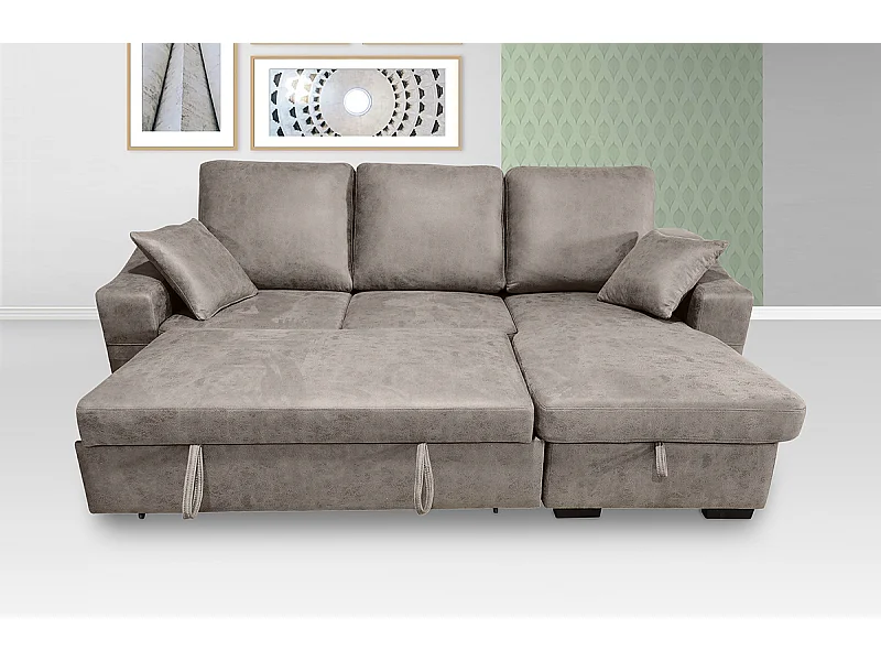 Canapé 3 places avec méridienne coffre en simili-cuir coloris ciment- Longueur 248 x profondeur 156 x hauteur 95 cm