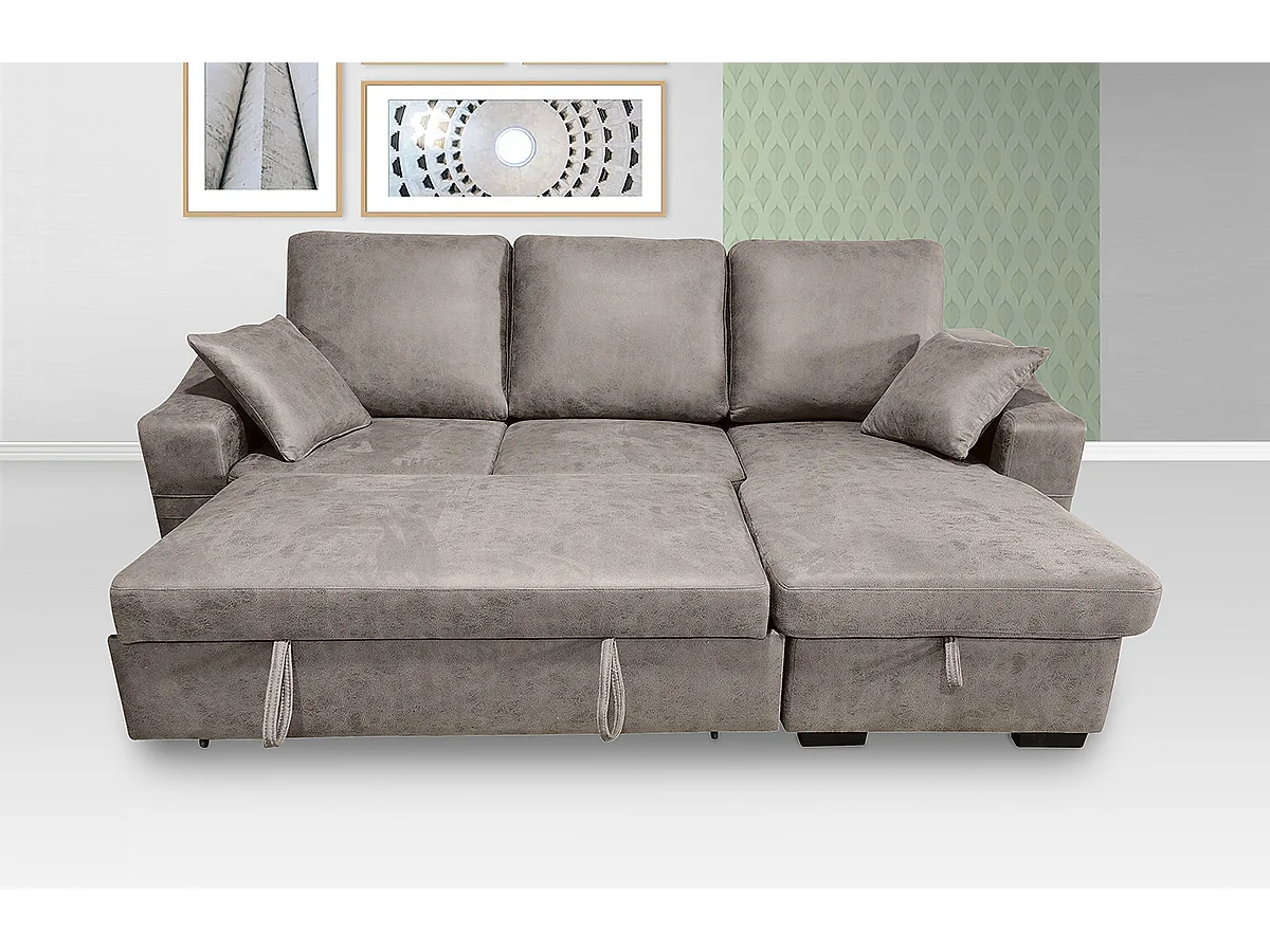 Canapé 3 places avec méridienne coffre en simili-cuir coloris ciment- Longueur 248 x profondeur 156 x hauteur 95 cm