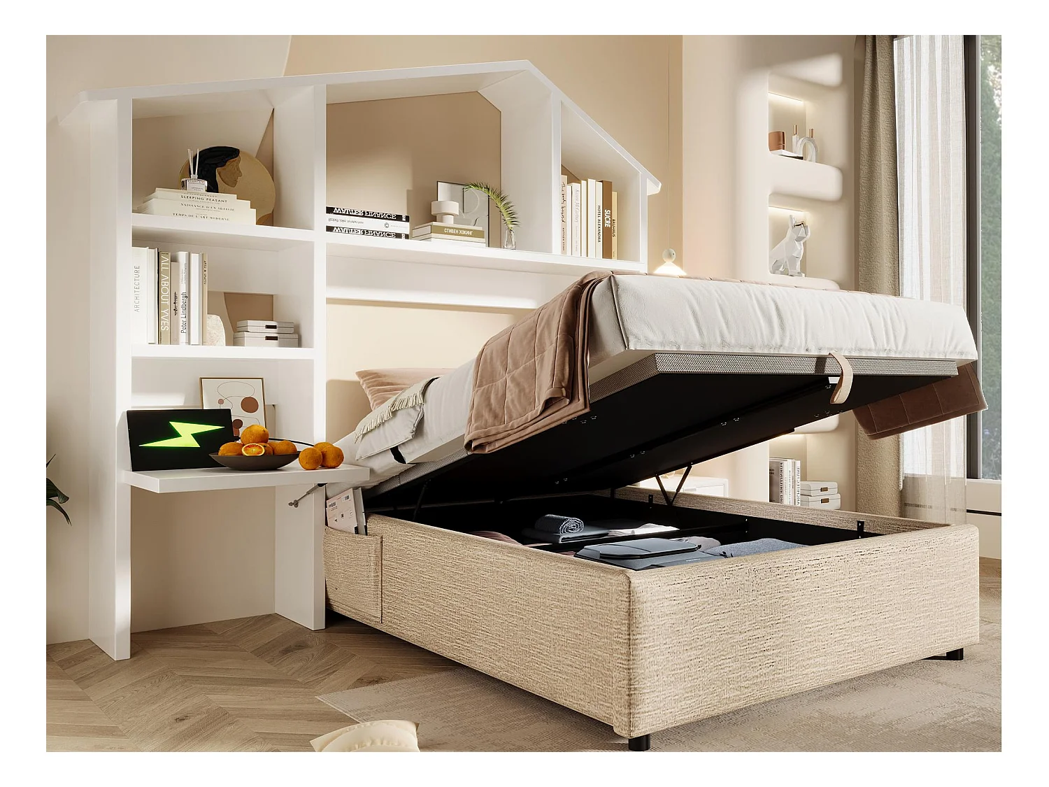 Lit coffre rembourré 90×200cm - tissu en lin - avec prises de recharge - avec bibliothèque blanche - Beige (sans matelas)