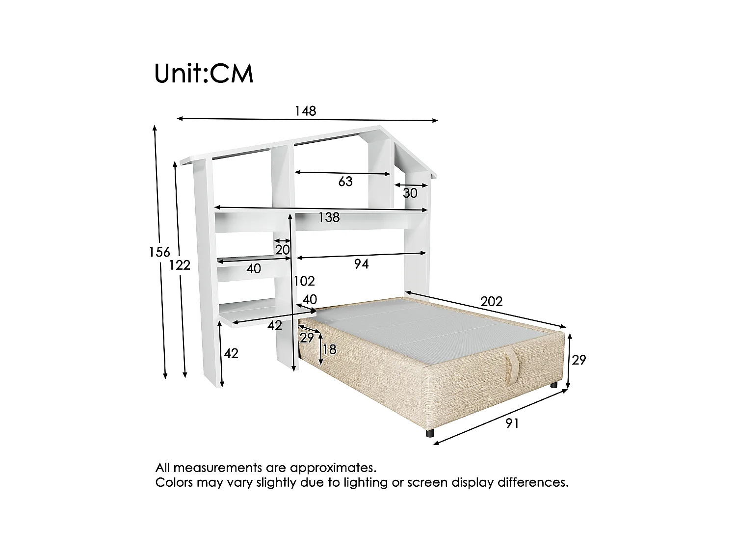 Lit coffre rembourré 90×200cm - tissu en lin - avec prises de recharge - avec bibliothèque blanche - Beige (sans matelas)