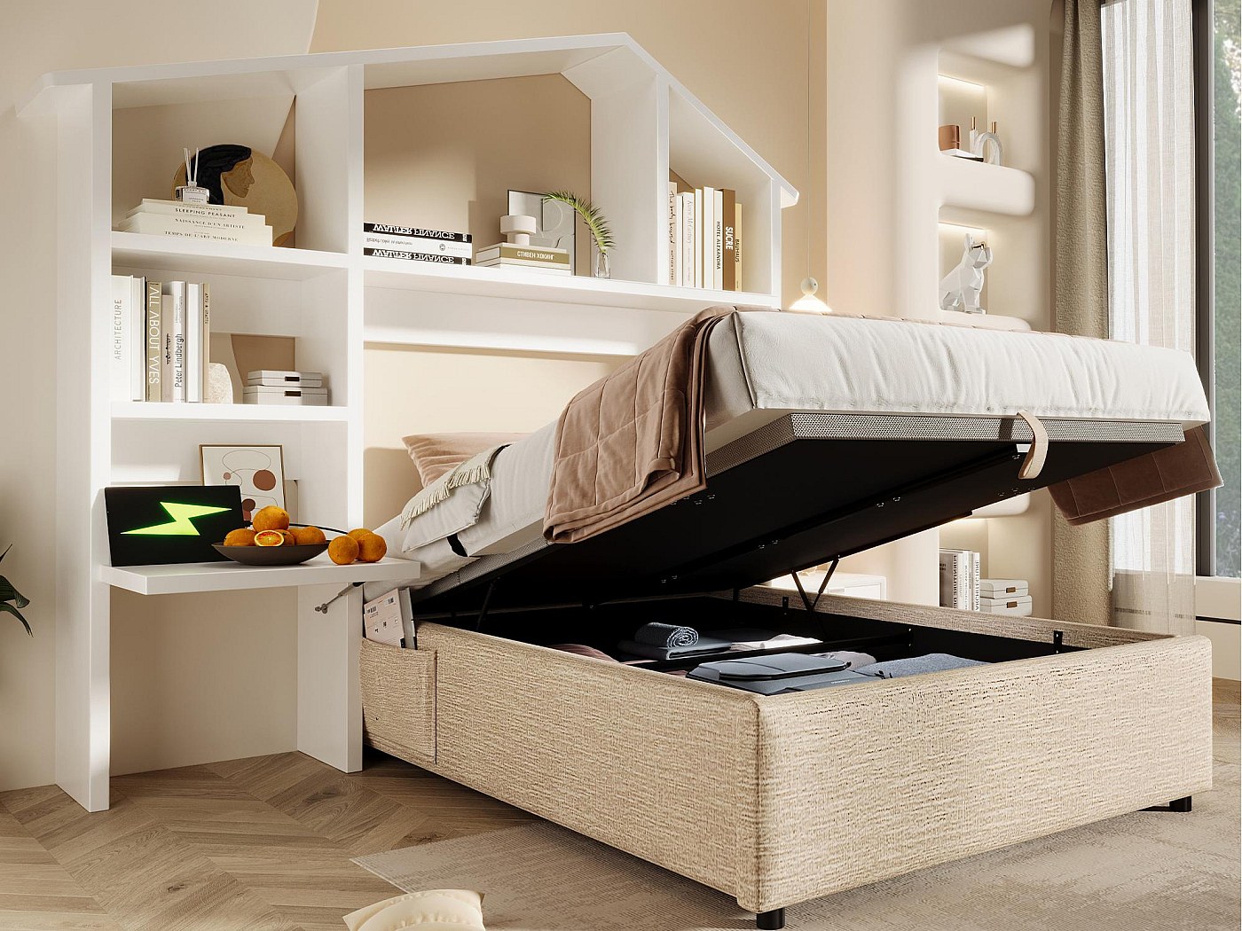 Letto contenitore imbottito 90×200 cm - tessuto in lino - con prese di ...