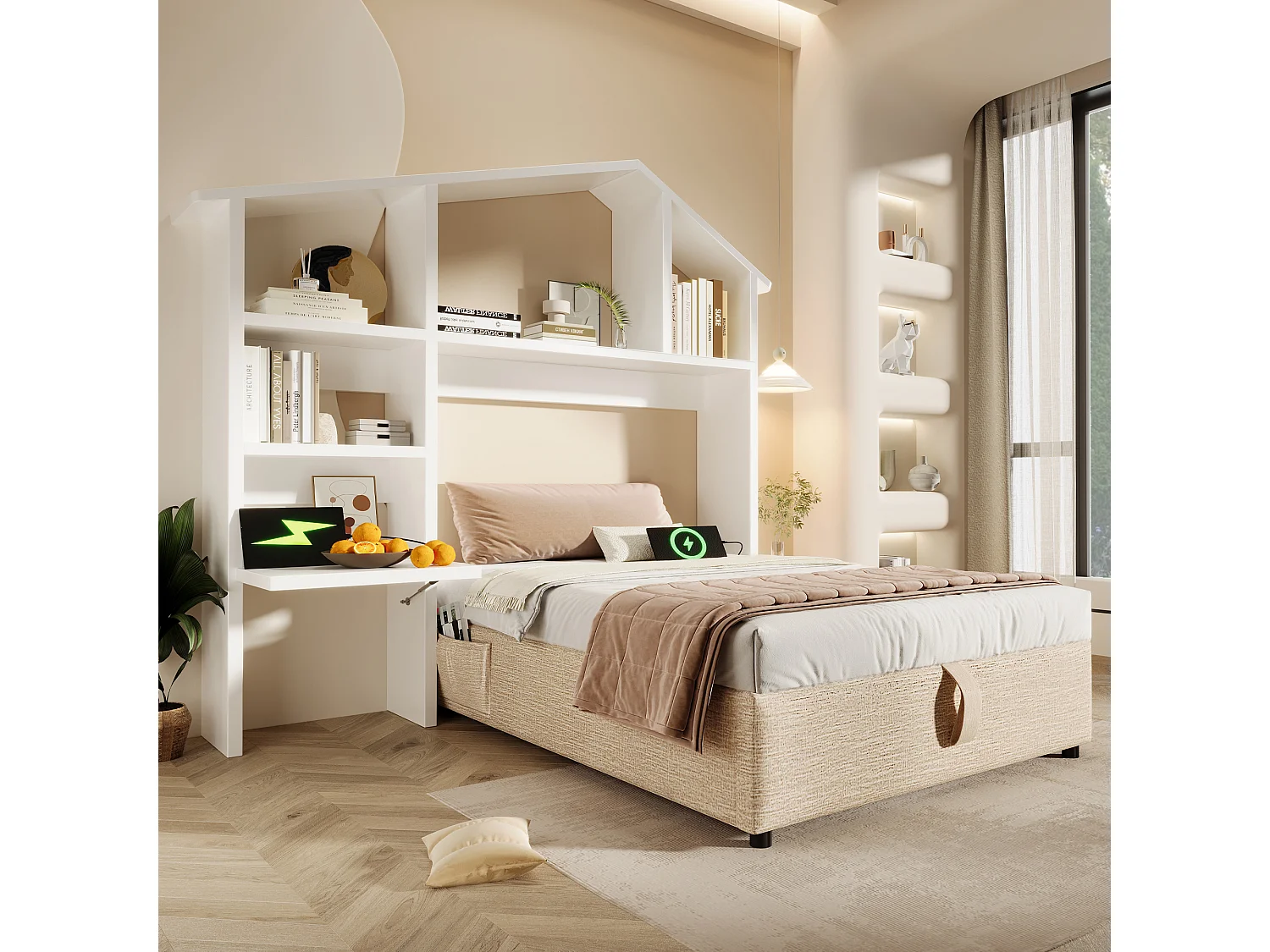 Lit coffre rembourré 90×200cm - tissu en lin - avec prises de recharge - avec bibliothèque blanche - Beige (sans matelas)