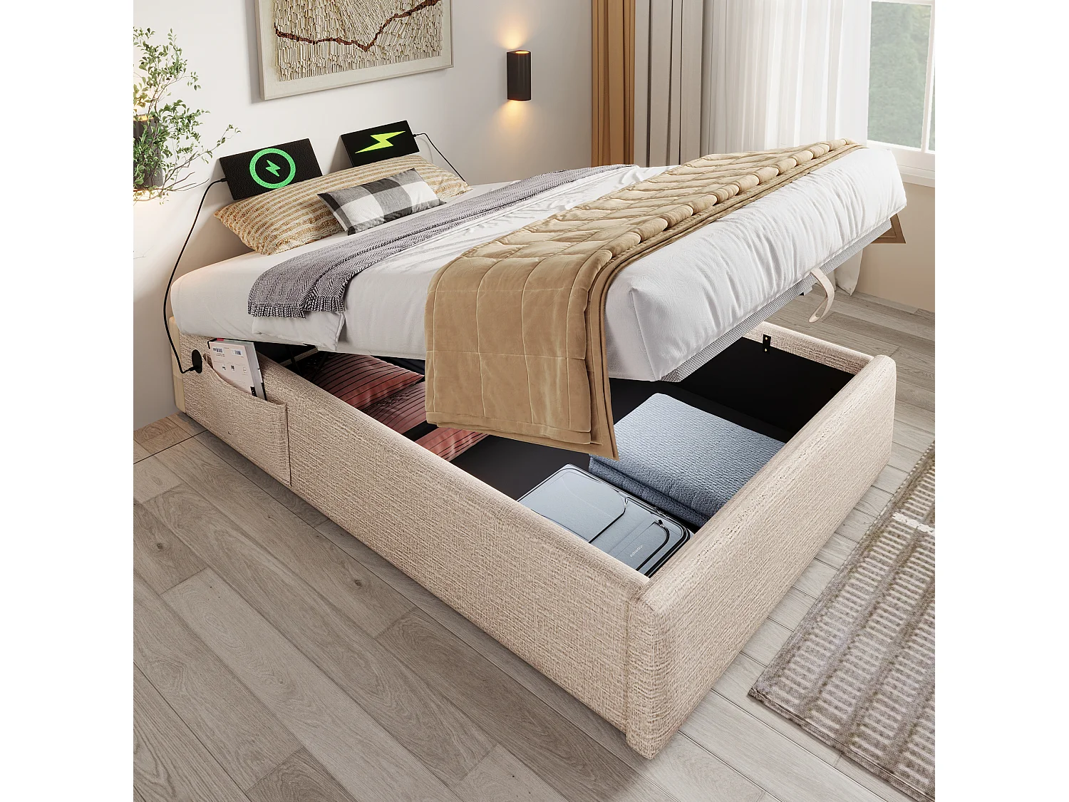 Lit coffre rembourré 90×200cm - tissu en lin - avec prises de recharge - avec bibliothèque blanche - Beige (sans matelas)