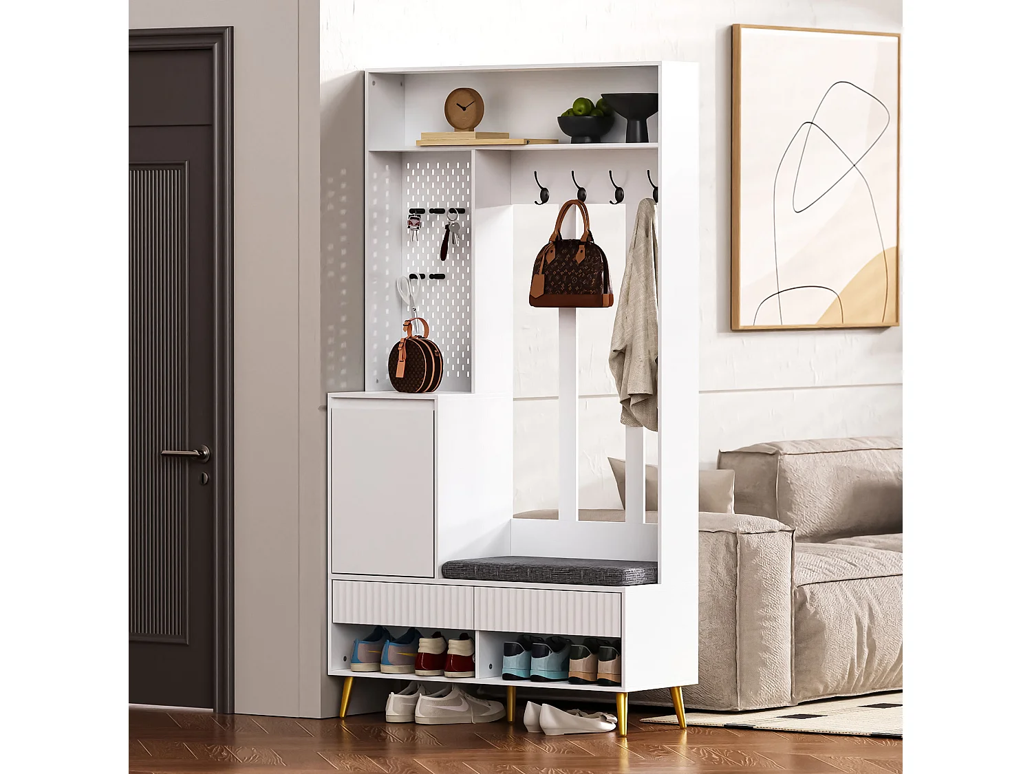 Halkapstok met gestoffeerde bank, 4 haken, 2 lades - wit - 100x35x180 cm