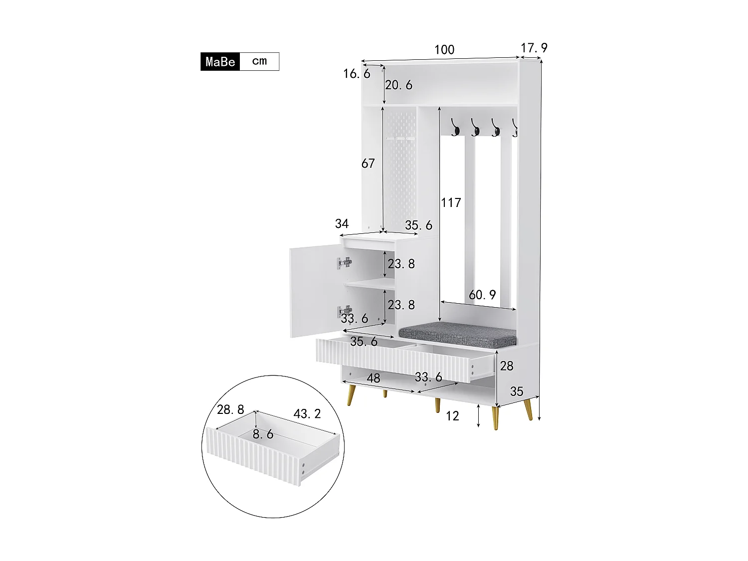 Halkapstok met gestoffeerde bank, 4 haken, 2 lades - wit - 100x35x180 cm