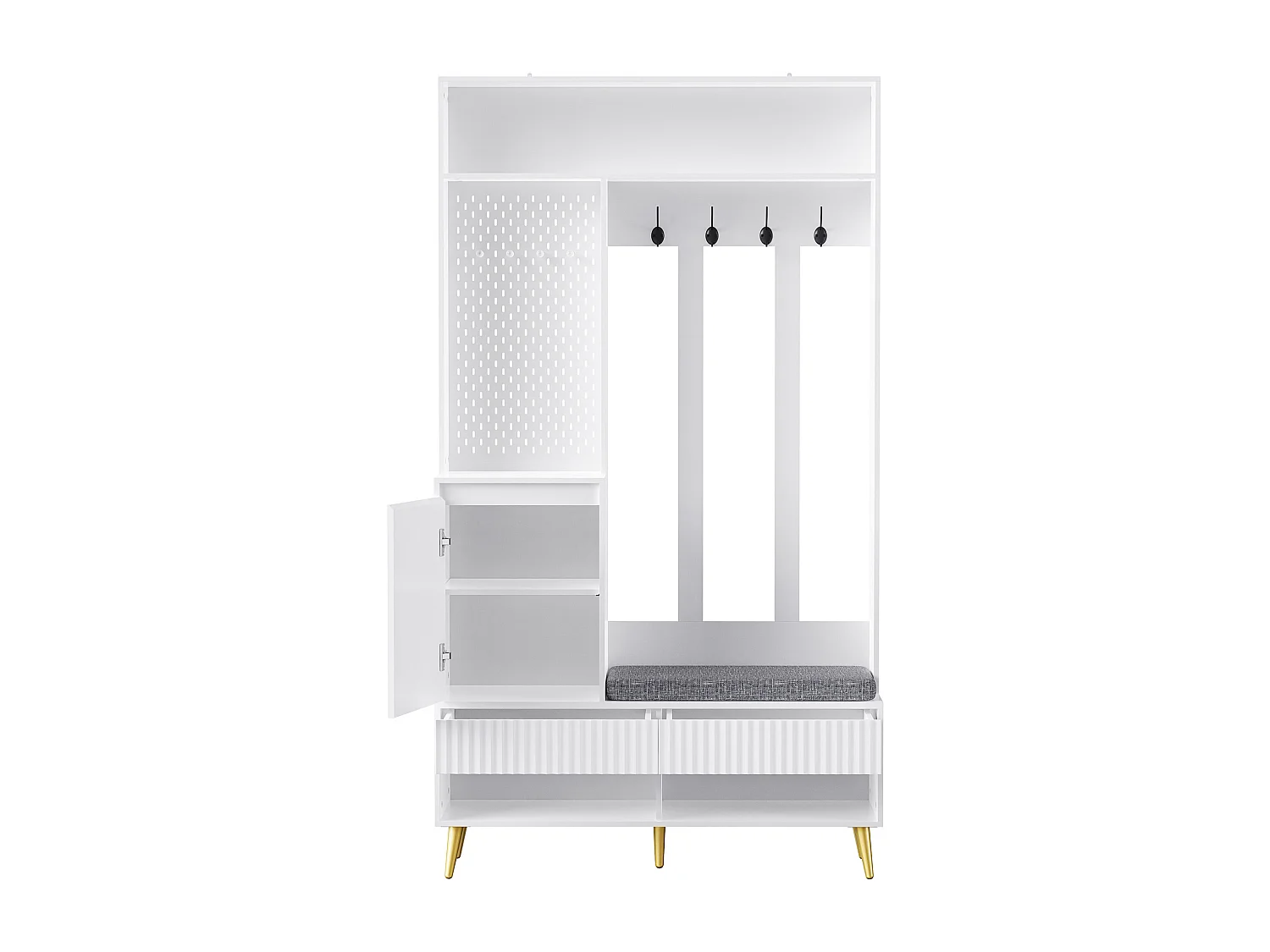 Halkapstok met gestoffeerde bank, 4 haken, 2 lades - wit - 100x35x180 cm