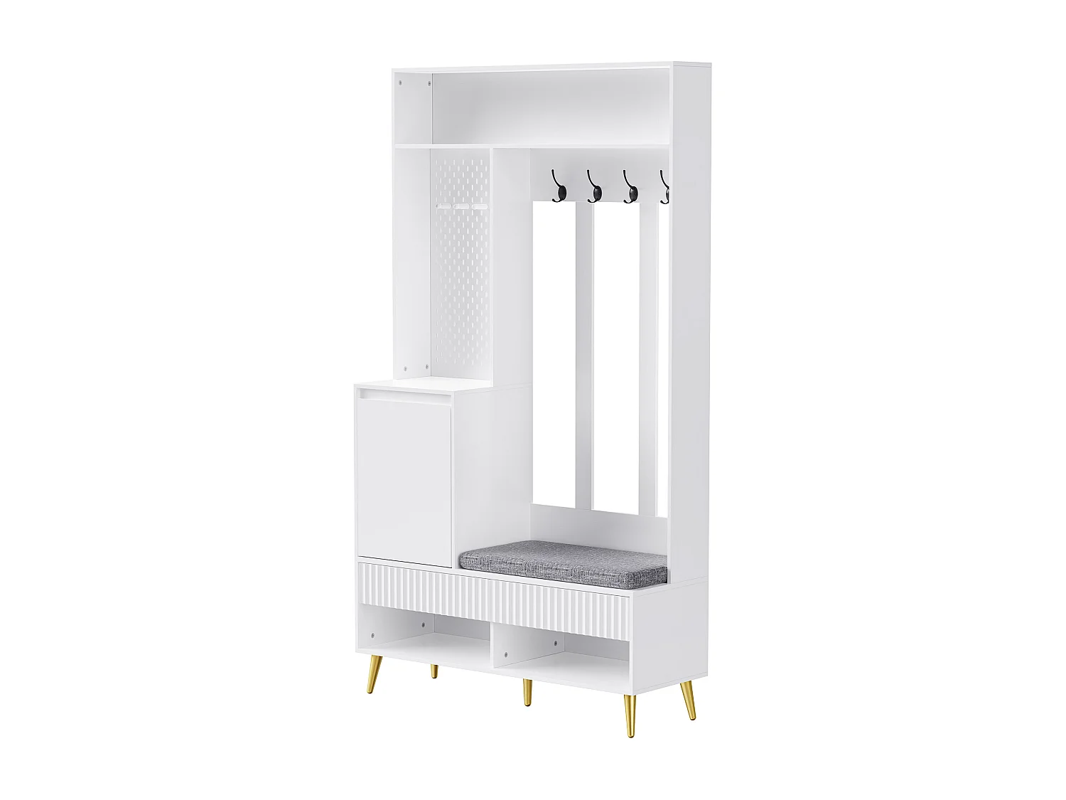 Halkapstok met gestoffeerde bank, 4 haken, 2 lades - wit - 100x35x180 cm