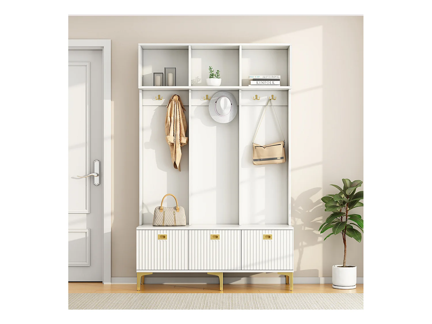 Vestiaire d'entrée avec meuble à chaussures de rangement, crochets dorés et rangement ouvert, blanc