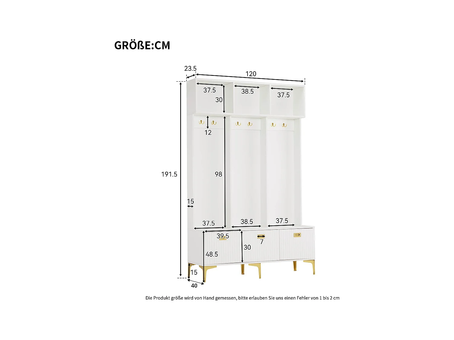 Vestiaire d'entrée avec meuble à chaussures de rangement, crochets dorés et rangement ouvert, blanc
