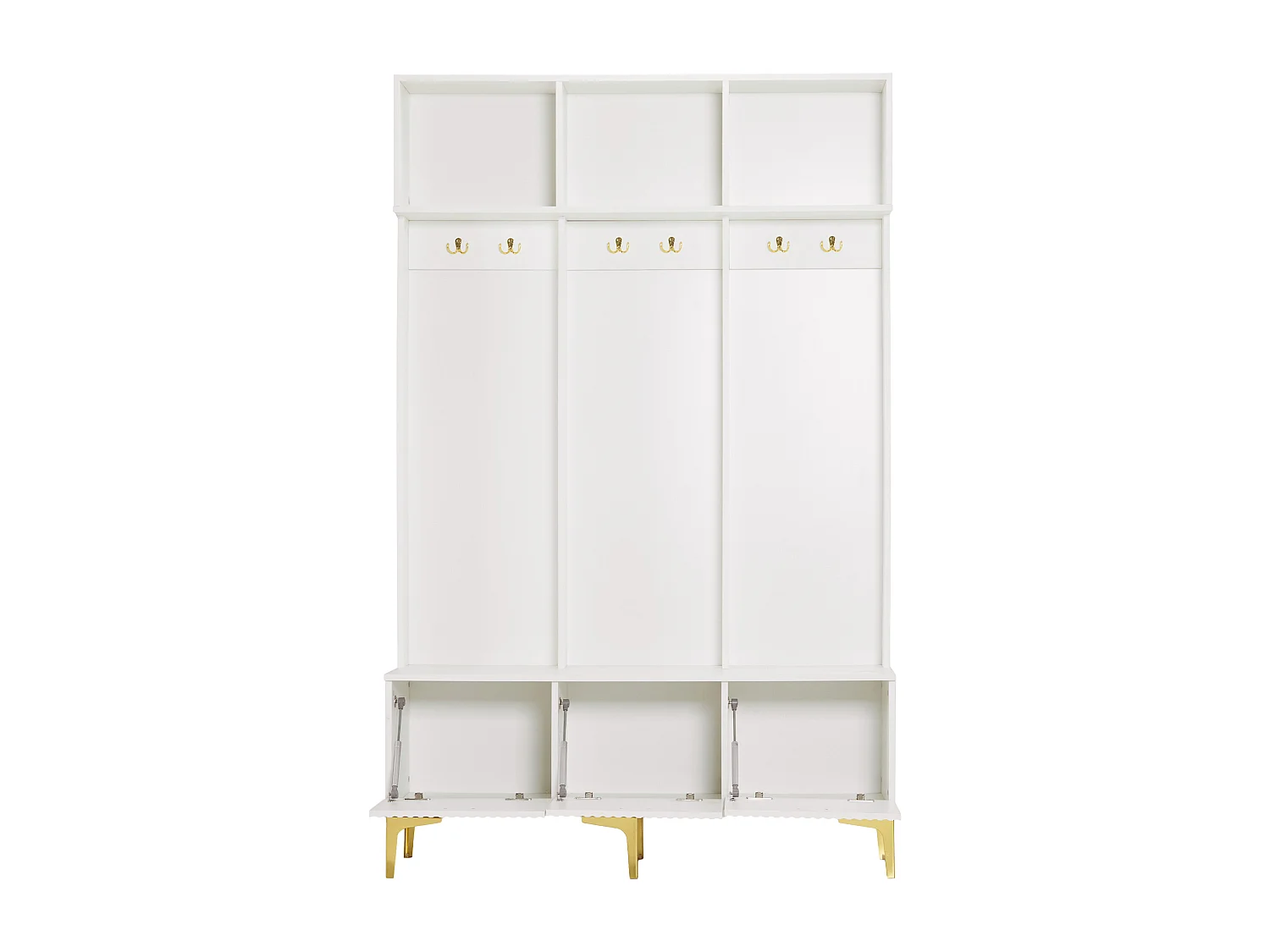 Vestiaire d'entrée avec meuble à chaussures de rangement, crochets dorés et rangement ouvert, blanc