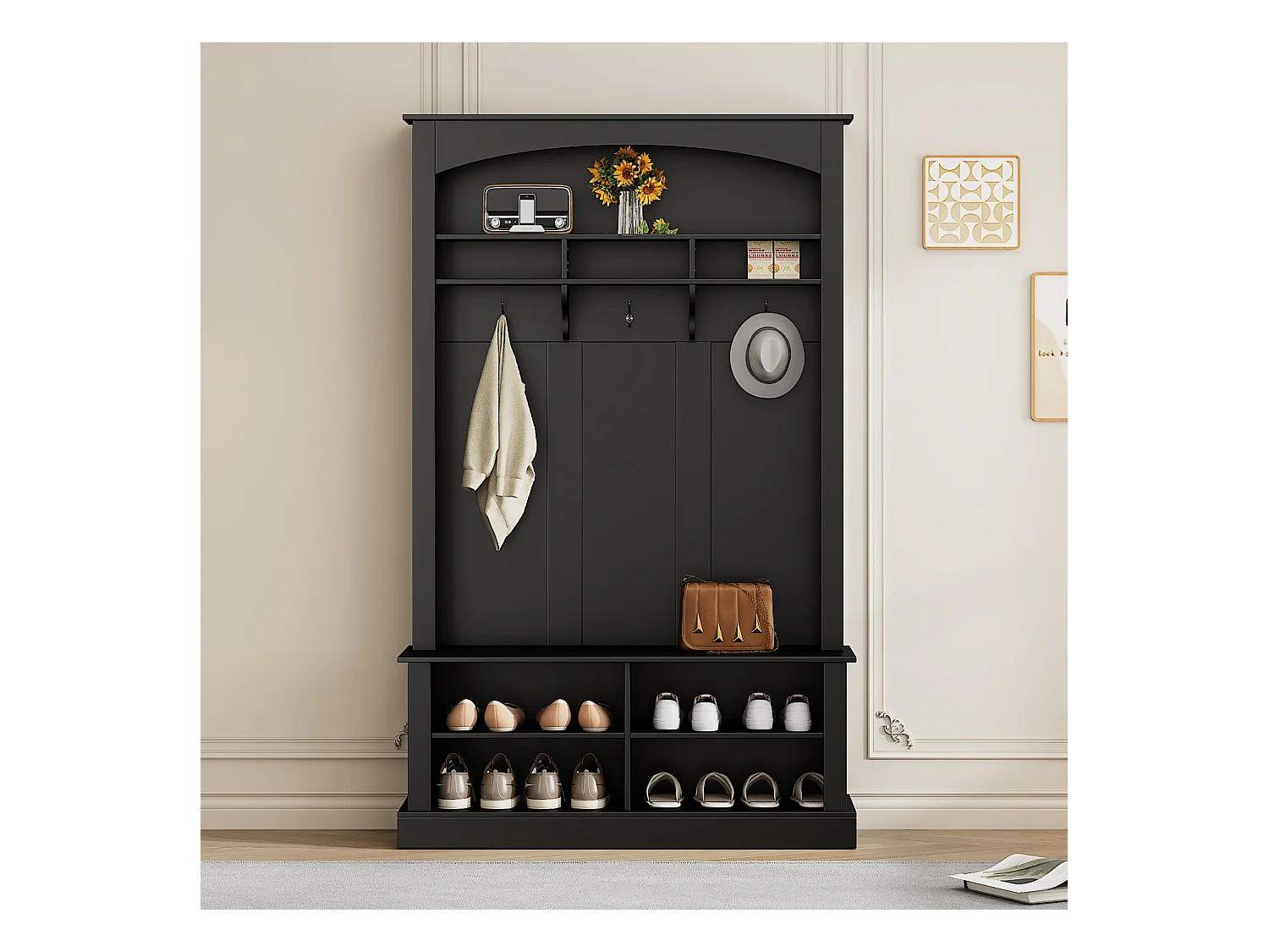 Vestiaire d'entrée avec 3 patères, étagère à chaussures et espace de rangement ouvert - noir