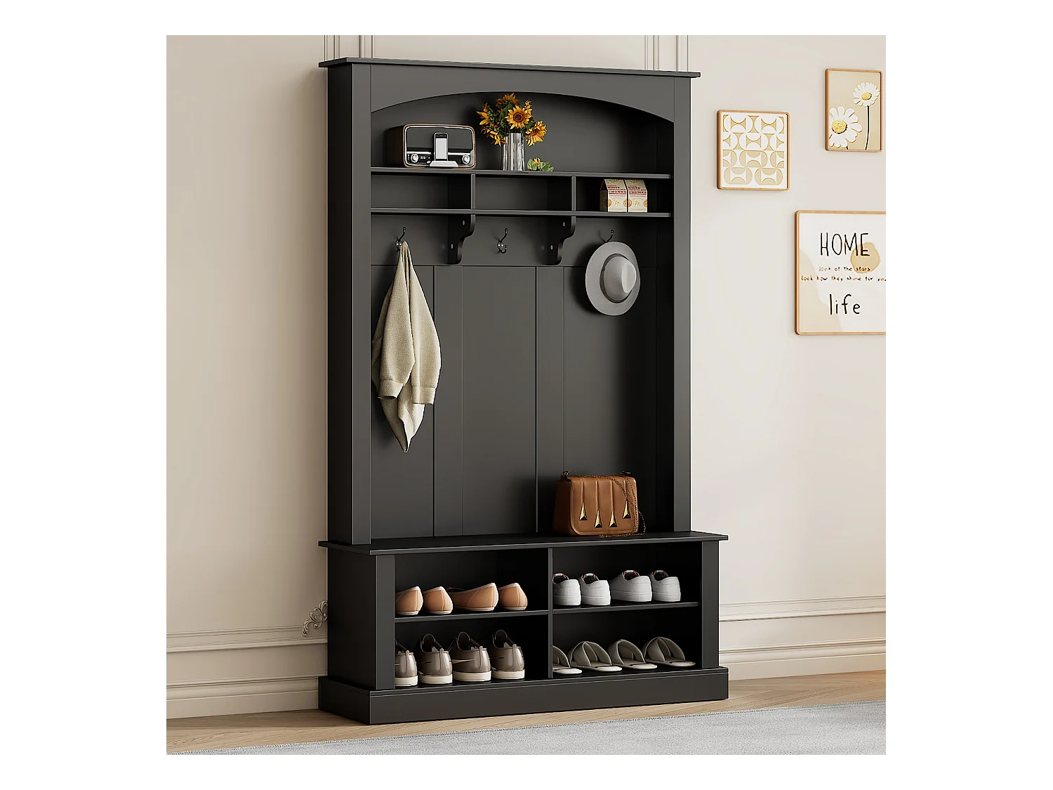 Vestiaire d'entrée avec 3 patères, étagère à chaussures et espace de rangement ouvert - noir