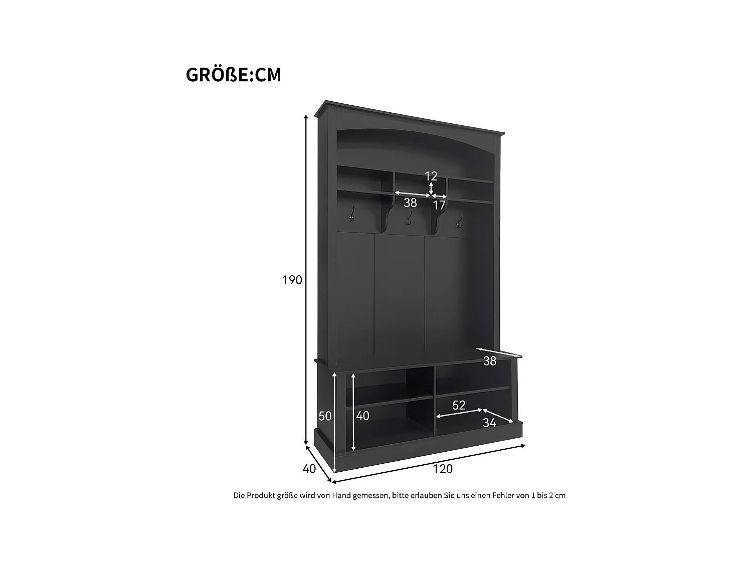 Vestiaire d'entrée avec 3 patères, étagère à chaussures et espace de rangement ouvert - noir