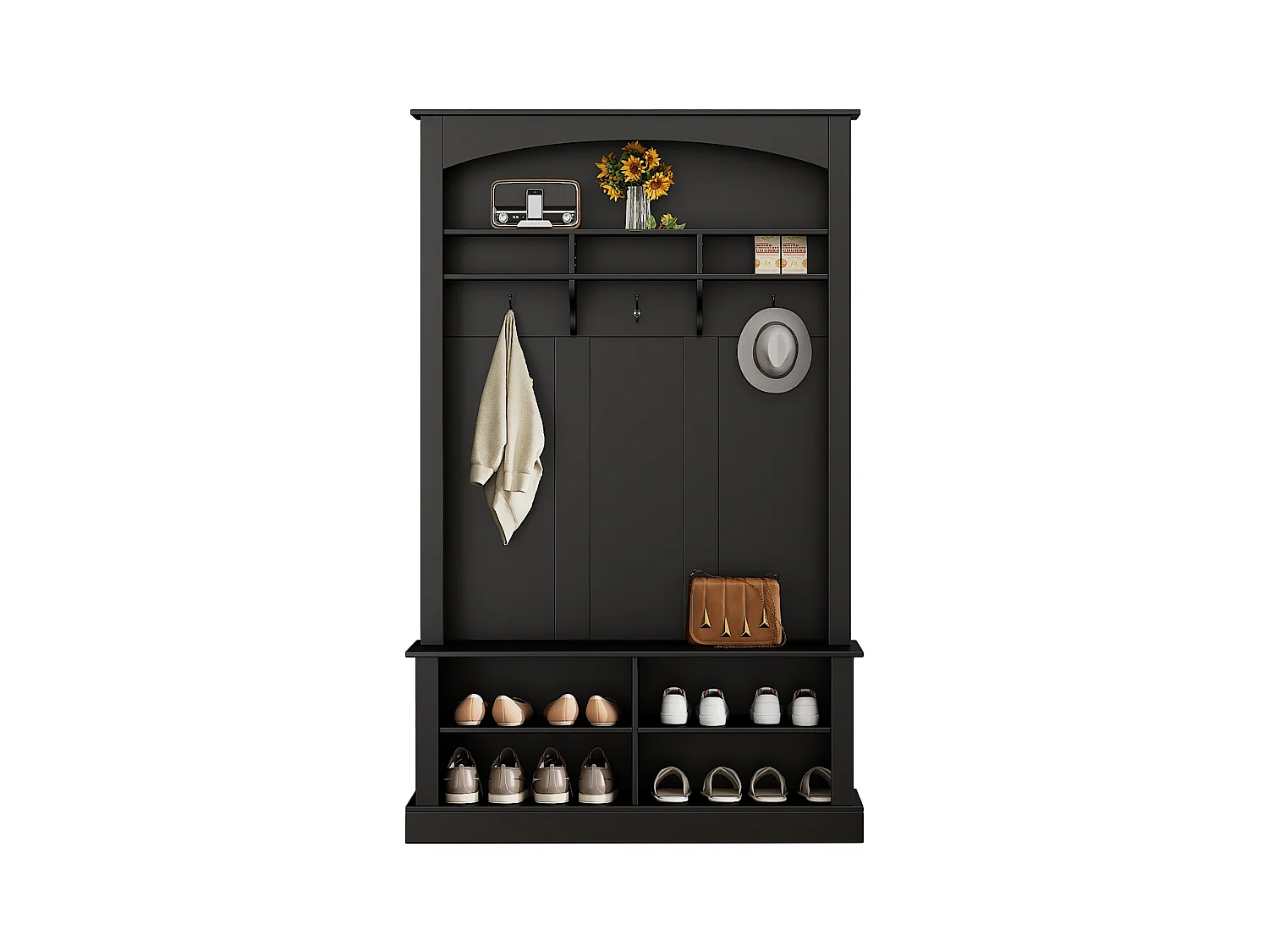 Vestiaire d'entrée avec 3 patères, étagère à chaussures et espace de rangement ouvert - noir