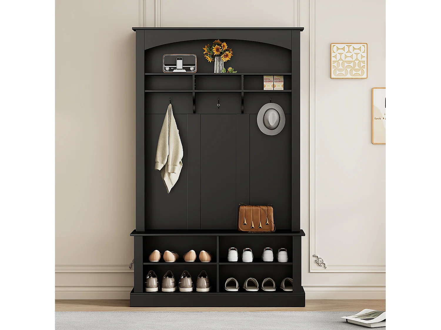 Vestiaire d'entrée avec 3 patères, étagère à chaussures et espace de rangement ouvert - noir