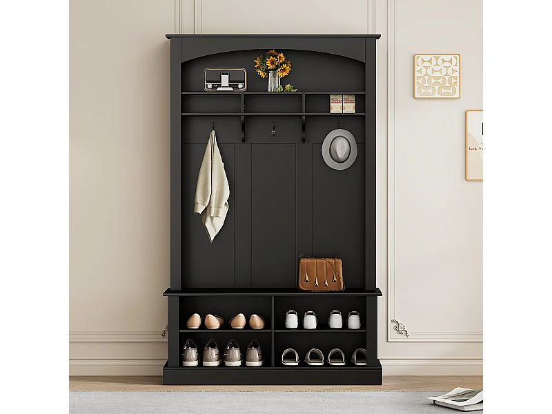 Halkapstok met 3 haken, schoenenrek en open opbergruimte - zwart