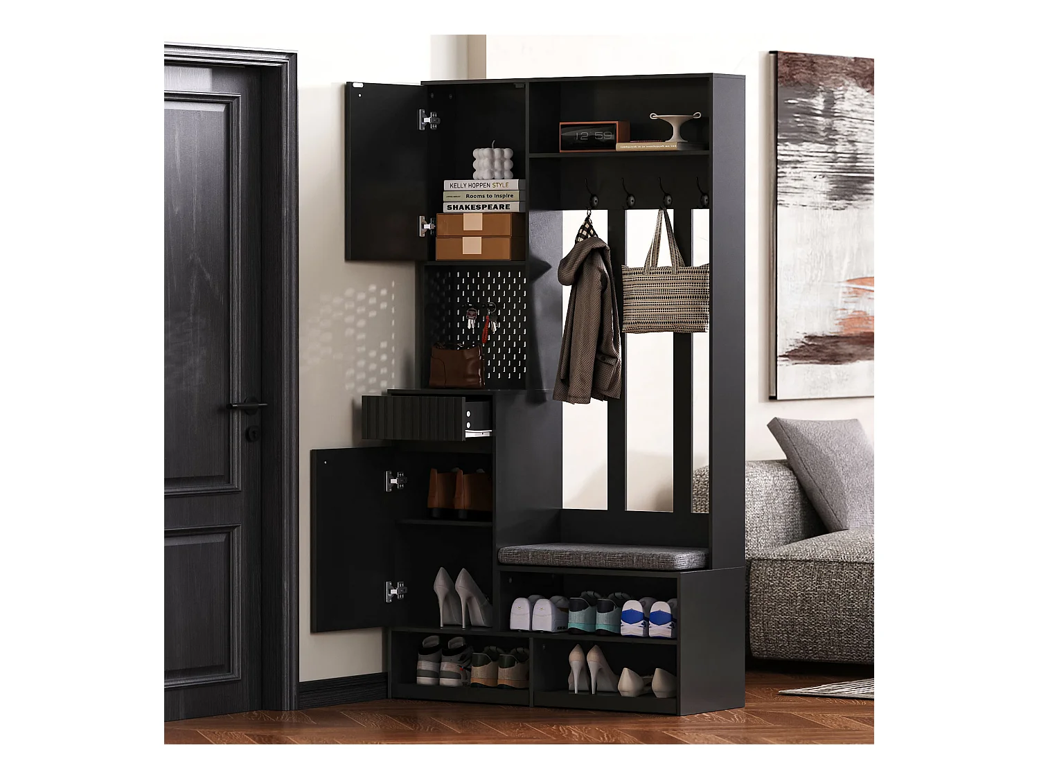 Halkapstok met gestoffeerde bank, 4 haken, lades en deuren - zwart - 100x35x180 cm