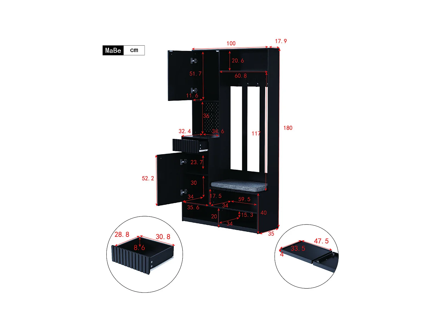 Halkapstok met gestoffeerde bank, 4 haken, lades en deuren - zwart - 100x35x180 cm