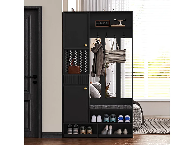 Flurgarderobe mit Polsterbank, 4 Haken, Schubladen und Türen – schwarz – 100 x 35 x 180 cm