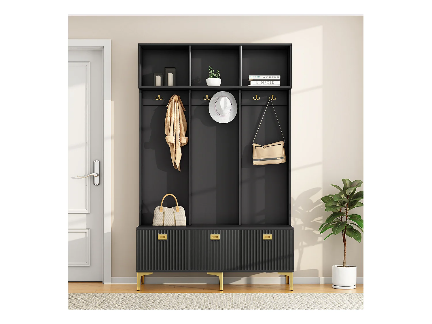 Vestiaire d'entrée avec meuble à chaussures de rangement, crochets dorés et rangement ouvert, noir