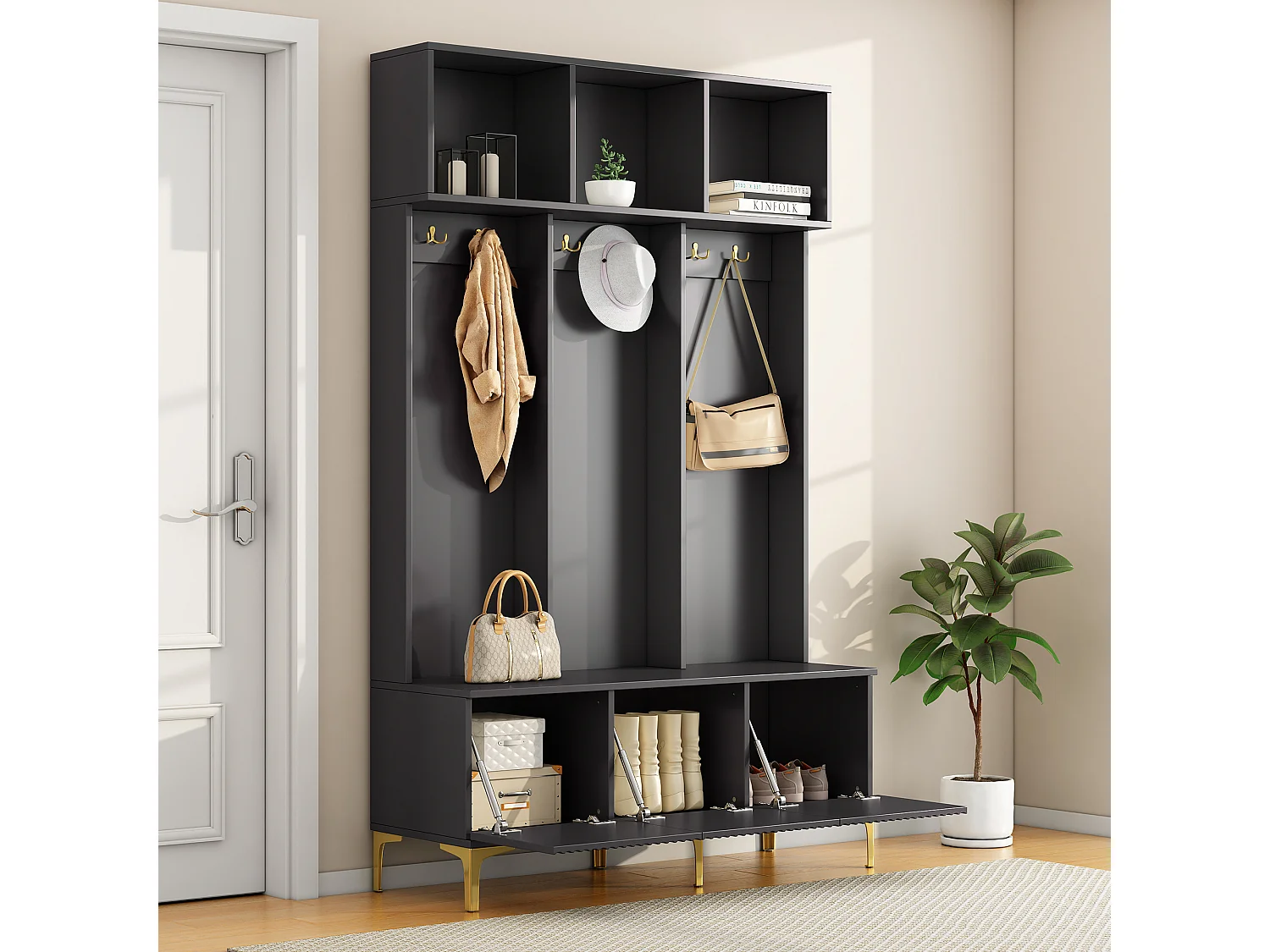 Vestiaire d'entrée avec meuble à chaussures de rangement, crochets dorés et rangement ouvert, noir