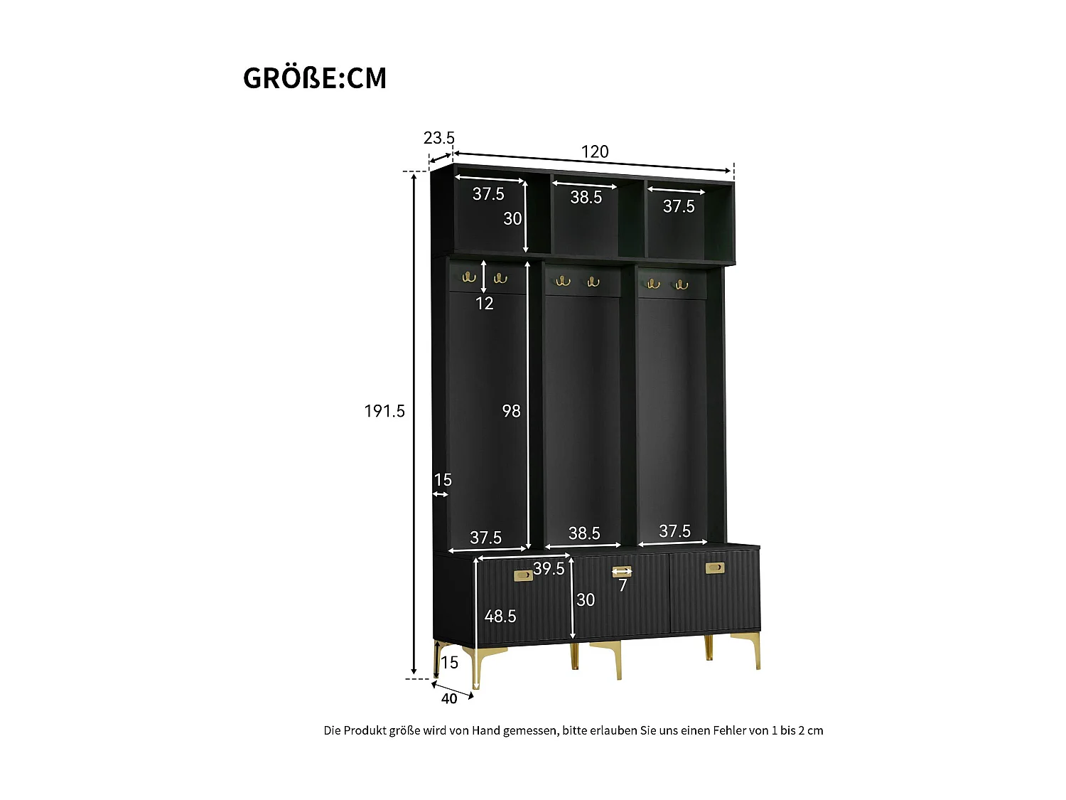 Vestiaire d'entrée avec meuble à chaussures de rangement, crochets dorés et rangement ouvert, noir