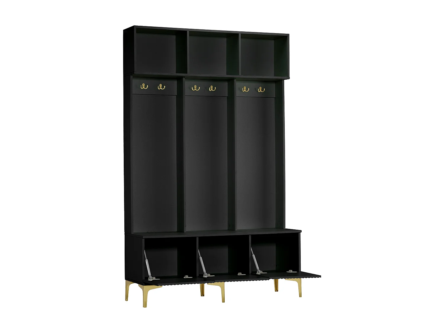 Vestiaire d'entrée avec meuble à chaussures de rangement, crochets dorés et rangement ouvert, noir