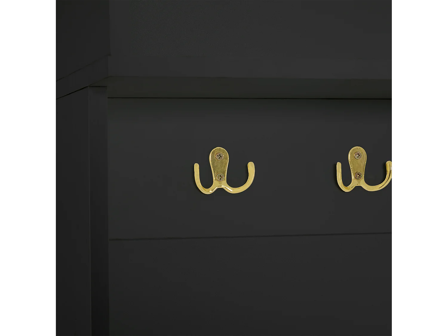 Vestiaire d'entrée avec meuble à chaussures de rangement, crochets dorés et rangement ouvert, noir