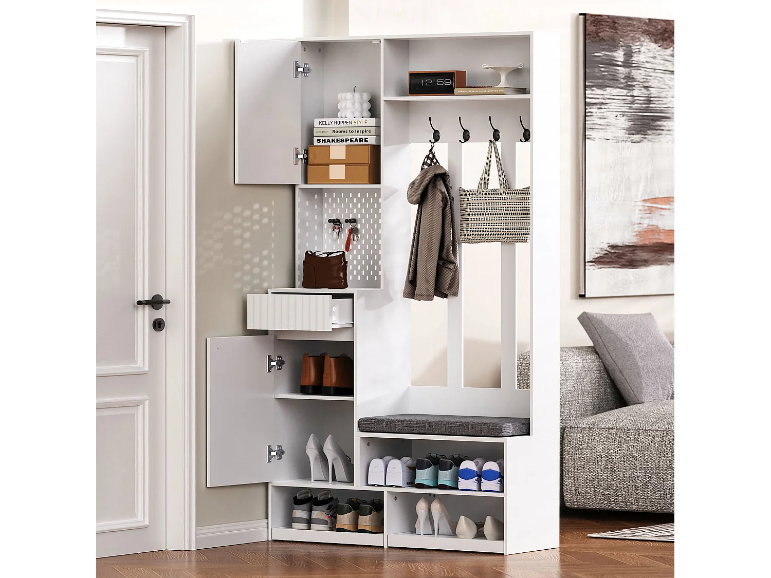 Perchero de pasillo con banco tapizado, 4 ganchos, cajones y puertas - blanco - 100x35x180 cm