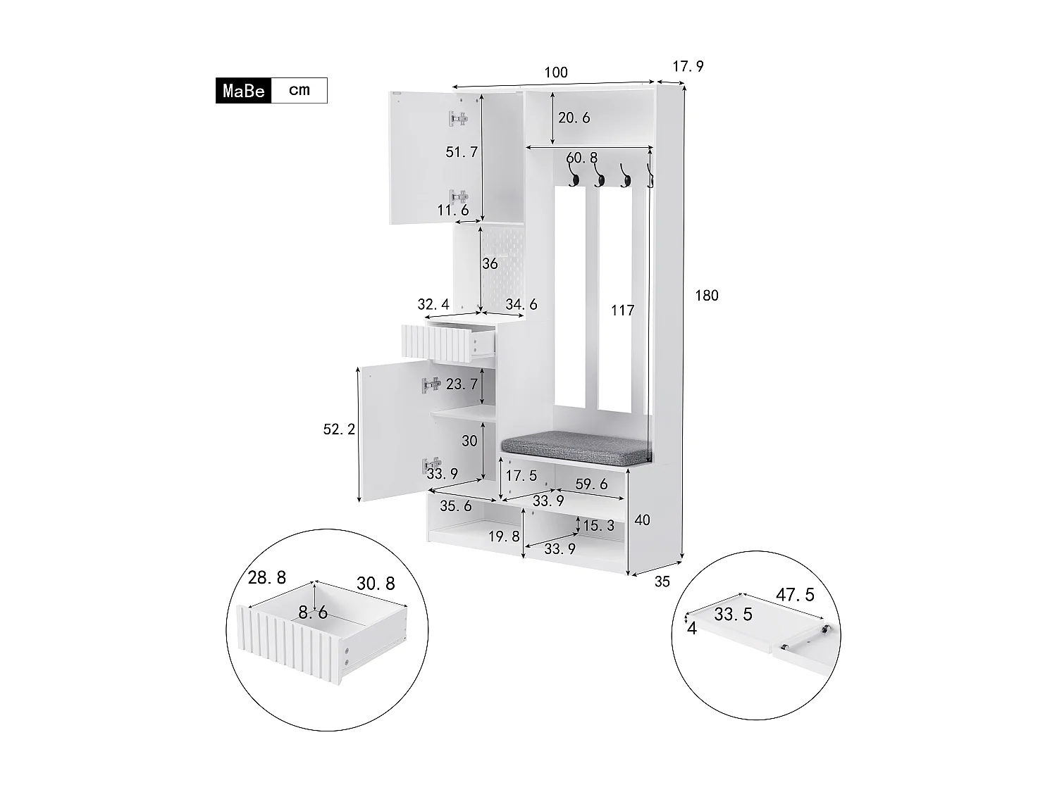 Perchero de pasillo con banco tapizado, 4 ganchos, cajones y puertas - blanco - 100x35x180 cm