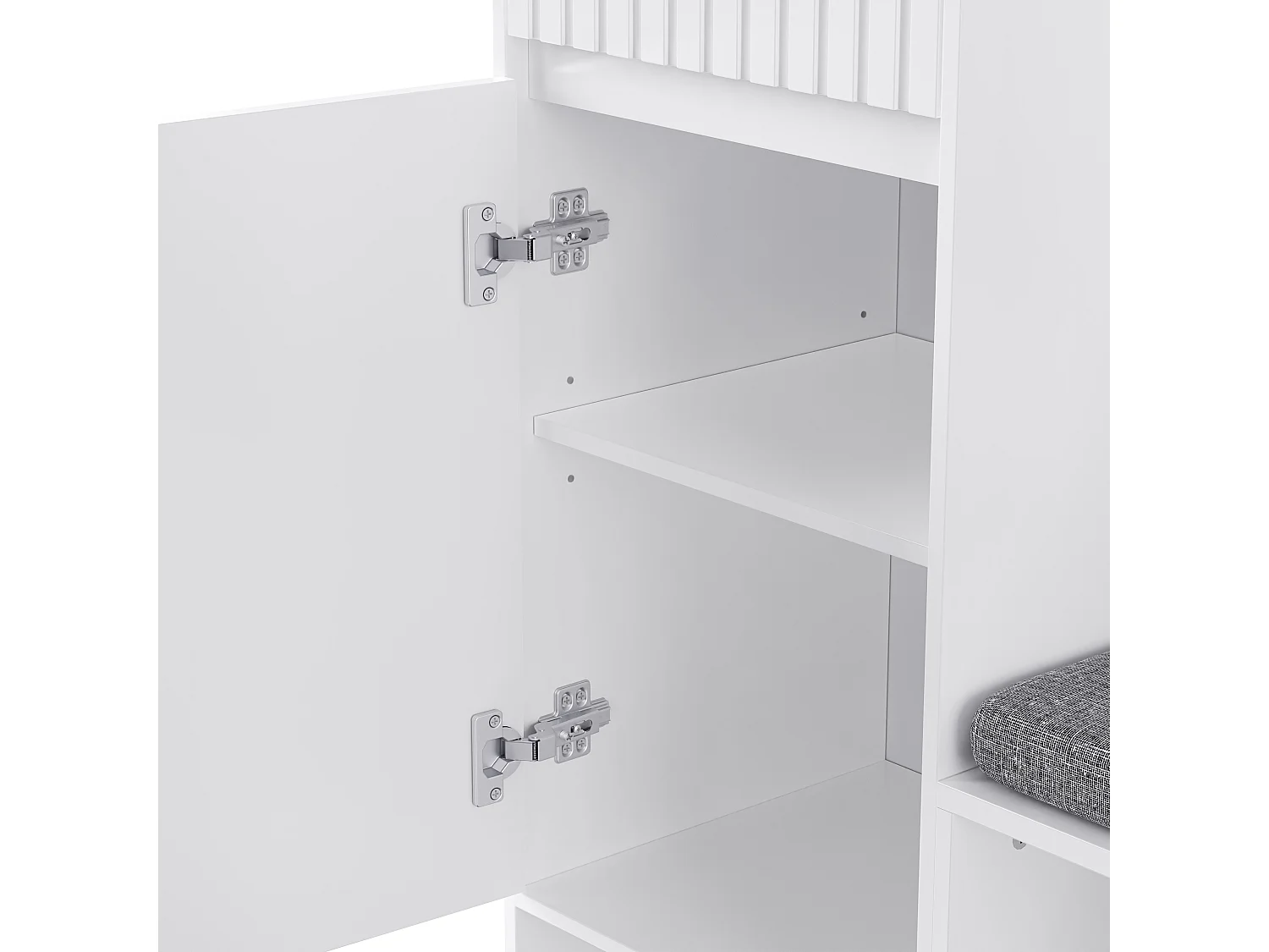 Perchero de pasillo con banco tapizado, 4 ganchos, cajones y puertas - blanco - 100x35x180 cm