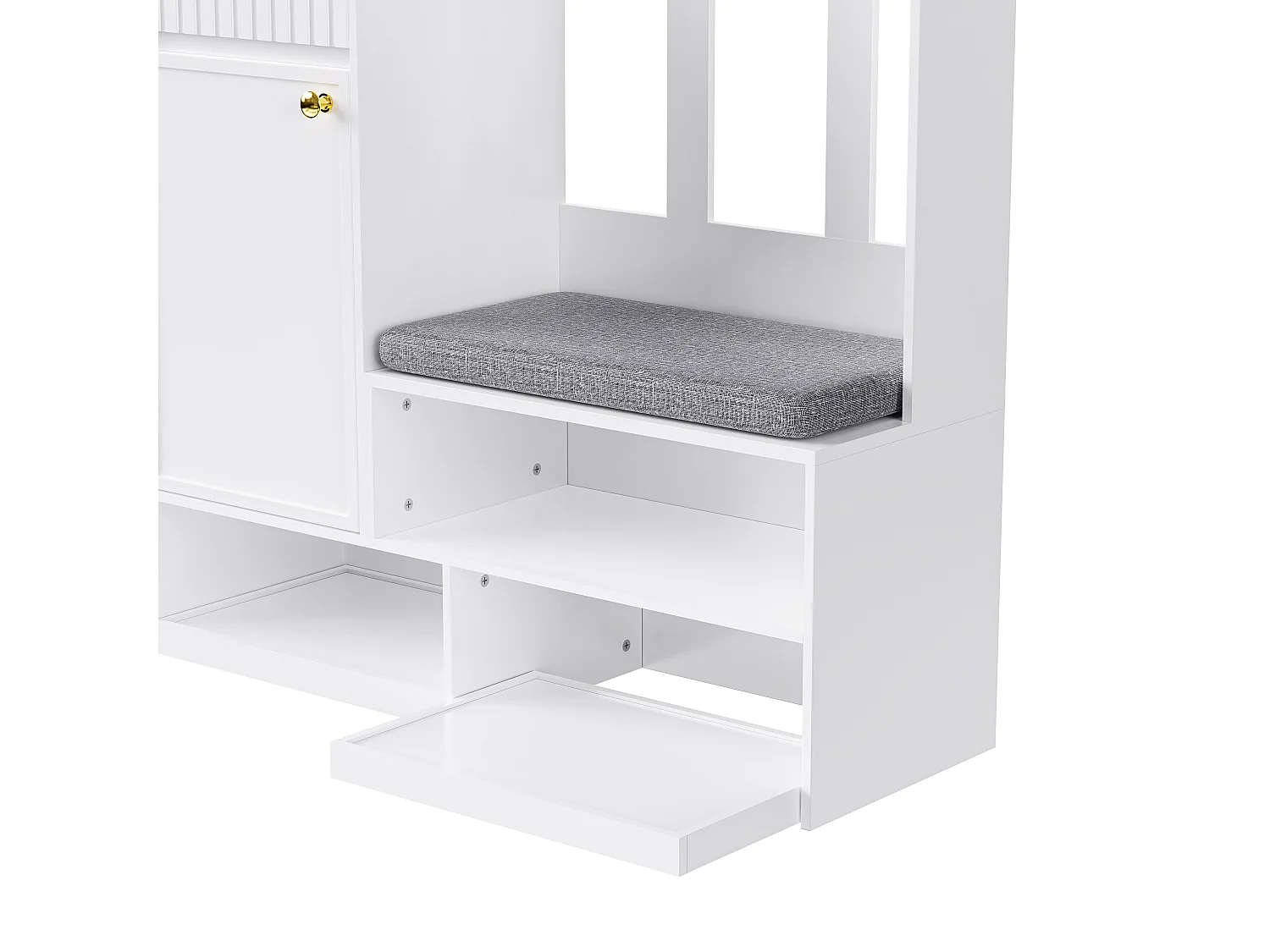 Perchero de pasillo con banco tapizado, 4 ganchos, cajones y puertas - blanco - 100x35x180 cm