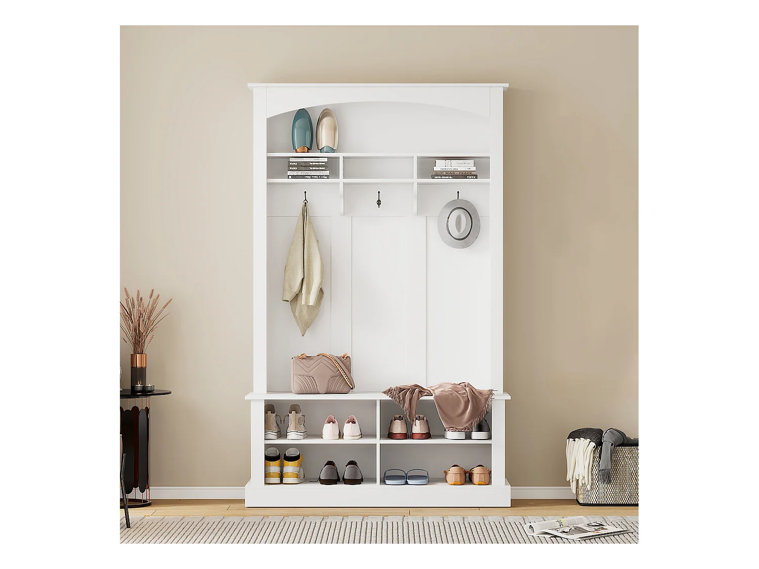 Vestiaire d'entrée avec 3 patères, étagère à chaussures et espace de rangement ouvert - blanc