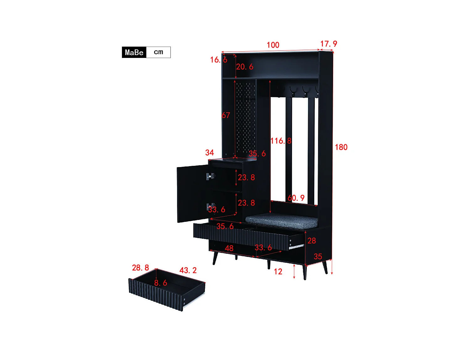 Vestiaire d'entrée avec banc rembourré, 4 patères, 2 tiroirs - noir - 100x35x180 cm